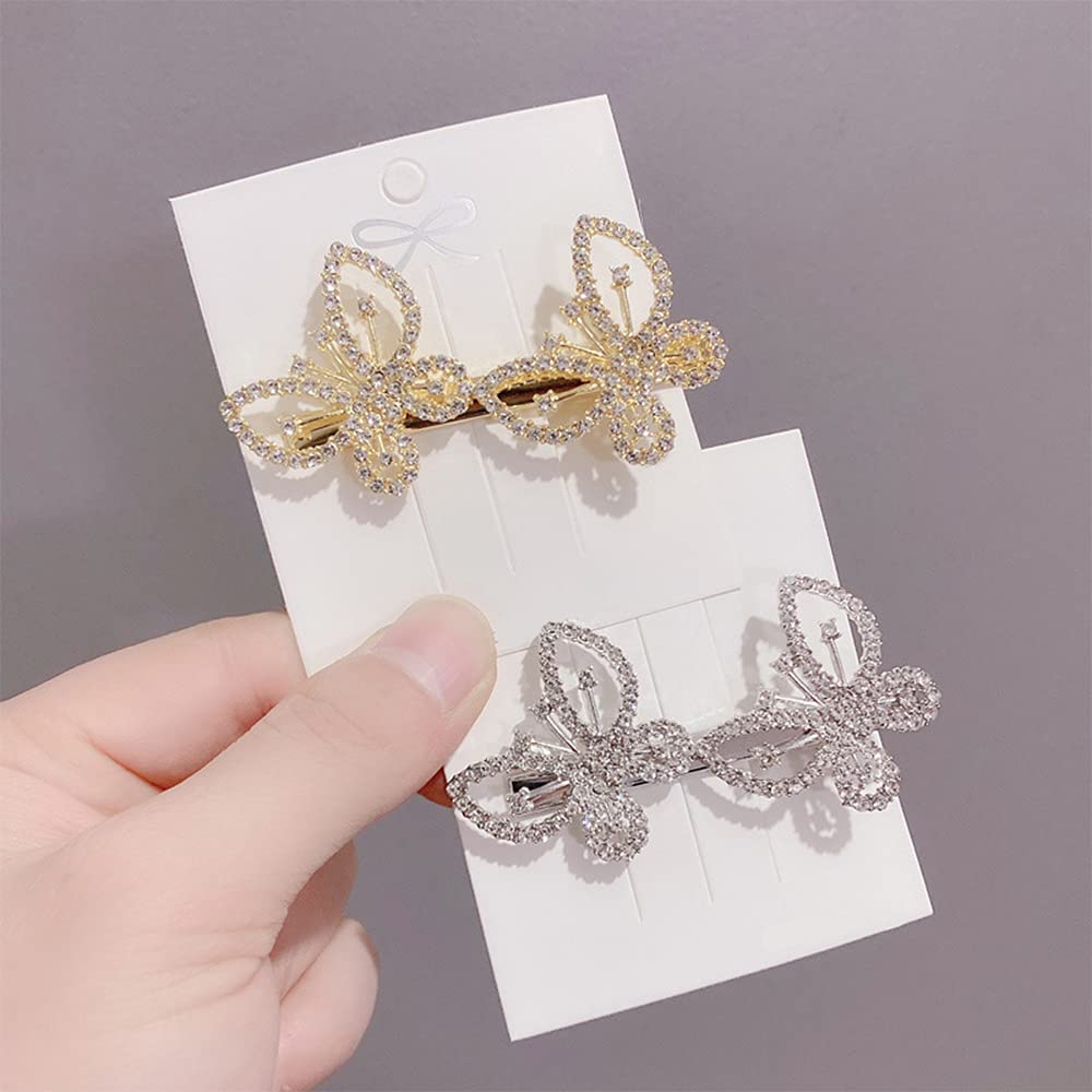 2Pcs Diamond Butterfly Hair Clips for Women - Elegant Duckbill & Fishtail Side Clips, Sparkly Bangs Hairpin, Headdress Accessories for Parties, Weddings & Daily Styling