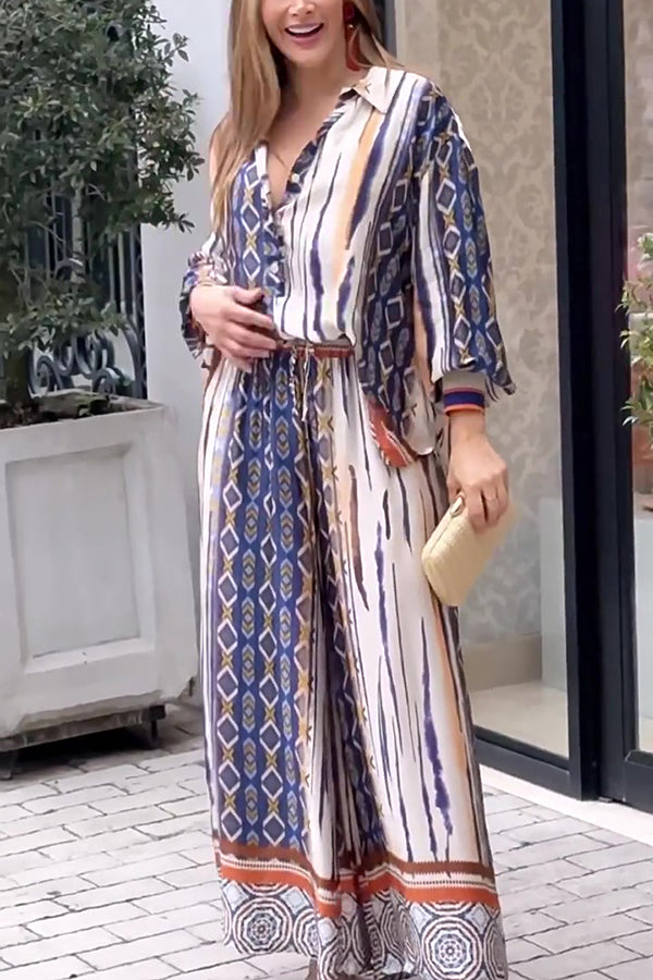 Stylish Printed Long Sleeve Shirt & Elastic Waist Loose Pocket Pants Set - Casual Outfit for Women | Perfect for Work, Travel and Everyday Wear