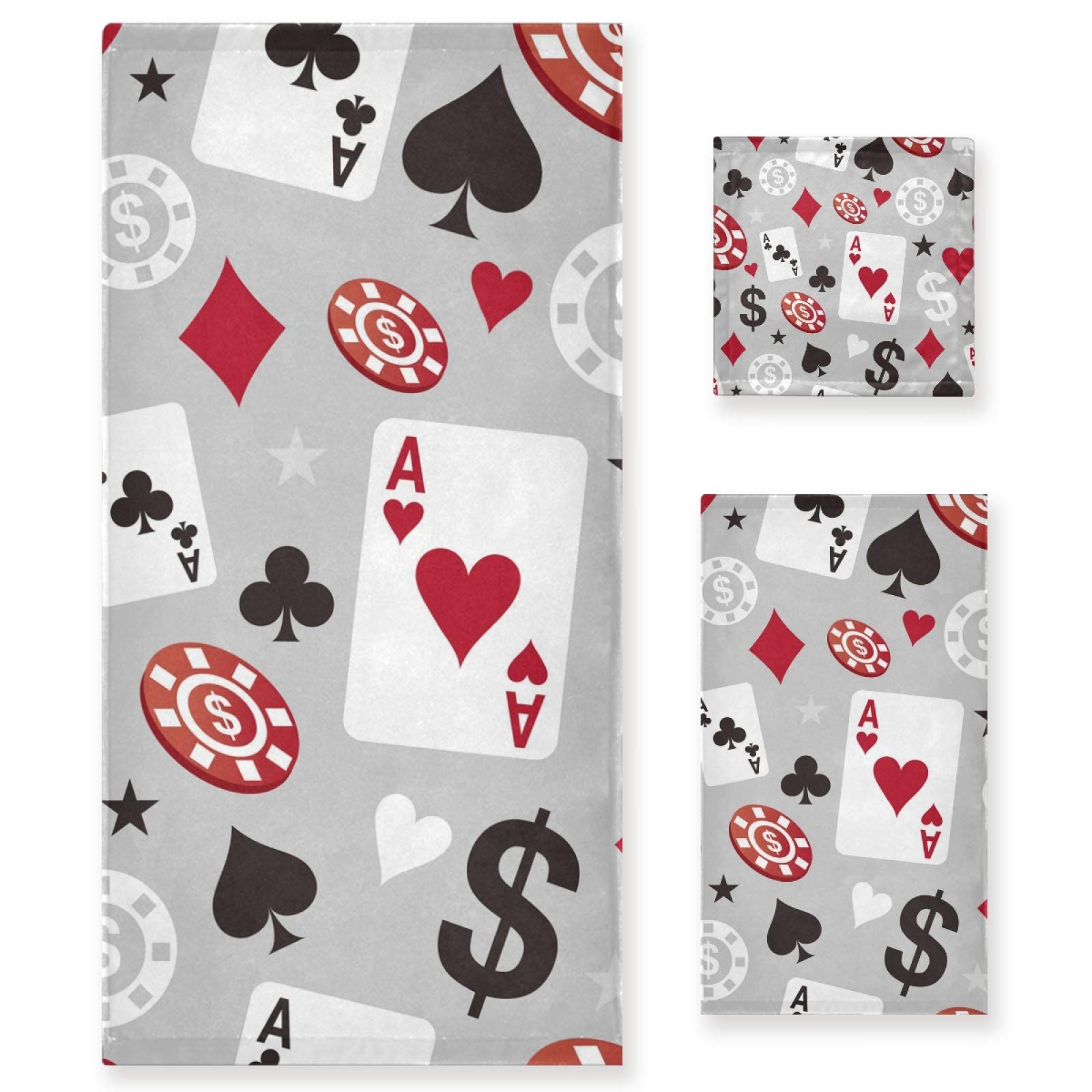 Premium 3-Piece Cotton Bath Towel Set - Soft & Absorbent for Bathroom, Kitchen, Spa - Includes 1 Bath Towel, 1 Hand Towel, 1 Washcloth - Elegant Poker Card Pattern Design - Perfect for Home, Hotel, Gift & Luxury Bath Experience
