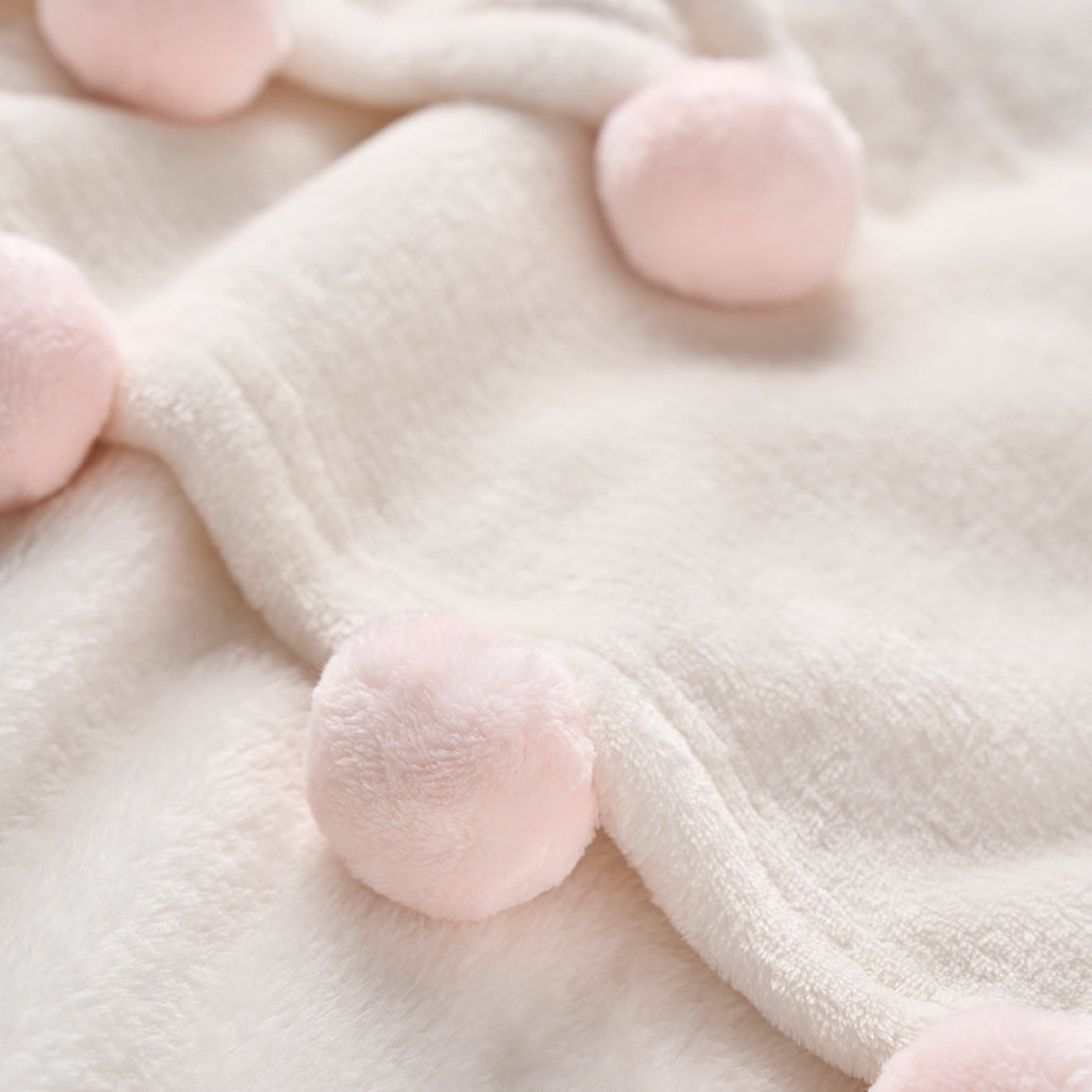 Soft Pale Pink Pom Trim Fleece Baby Stroller Blanket - Cozy & Warm for Newborns, Infants - Perfect for Strollers, Car Seats, Cribs & Outdoor Adventures
