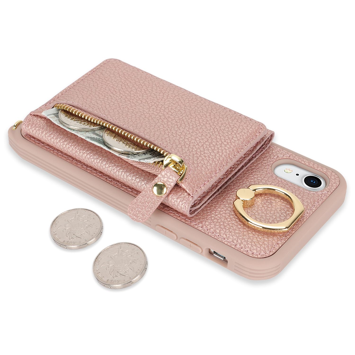 Premium Leather iPhone XR Case with Card Holder & Crossbody Strap - Wallet Phone Case for Women with Zipper Pocket & Stand Ring (Rose Gold) - Perfect for Travel, Shopping & Everyday Use