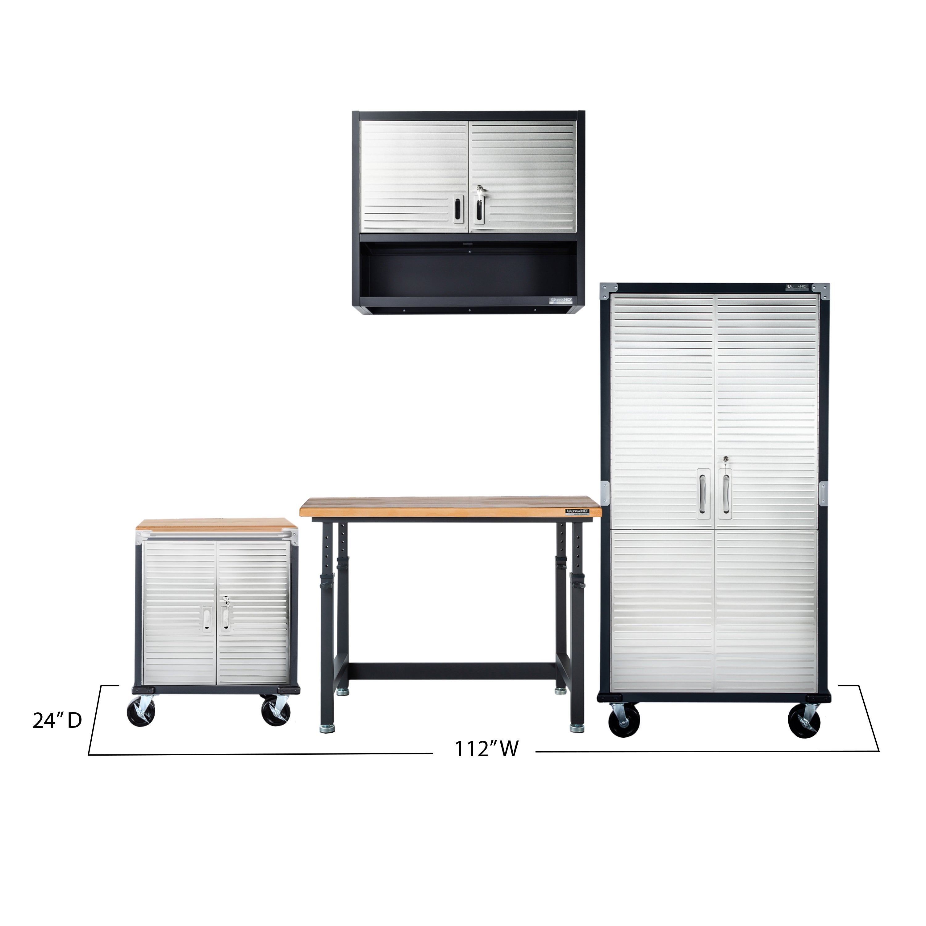 UltraHD® 4-Piece Heavy Duty Storage Cabinet System with Workbench - Garage Organization & Workshop Storage Solution for Tools & Equipment