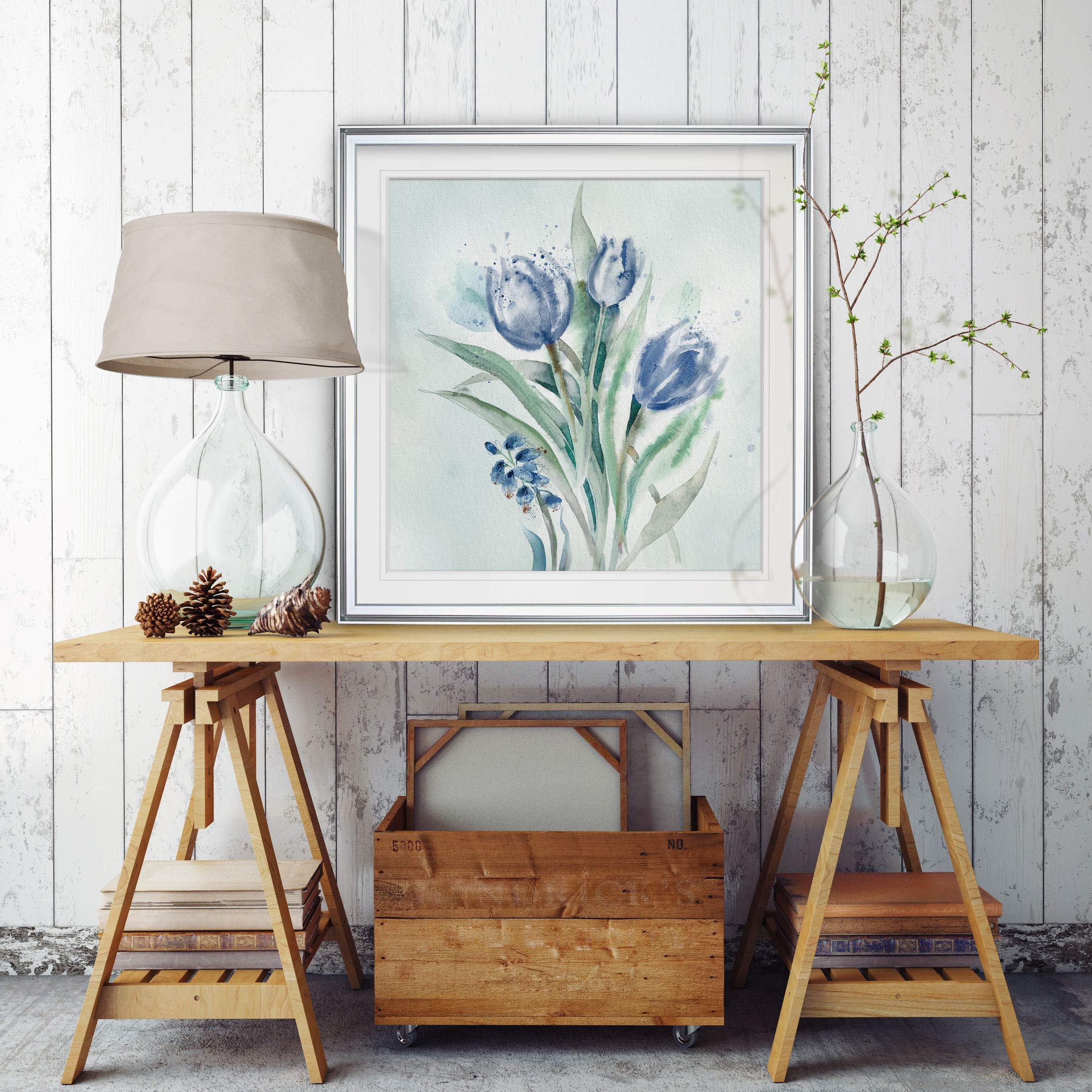 Wexford Home Blue Flower Wash II Abstract Tulip Art Framed Wall Decor - 38x38 Inch Modern Giclee Print Painting in Gold - Perfect for Living Room, Bedroom & Office Decor