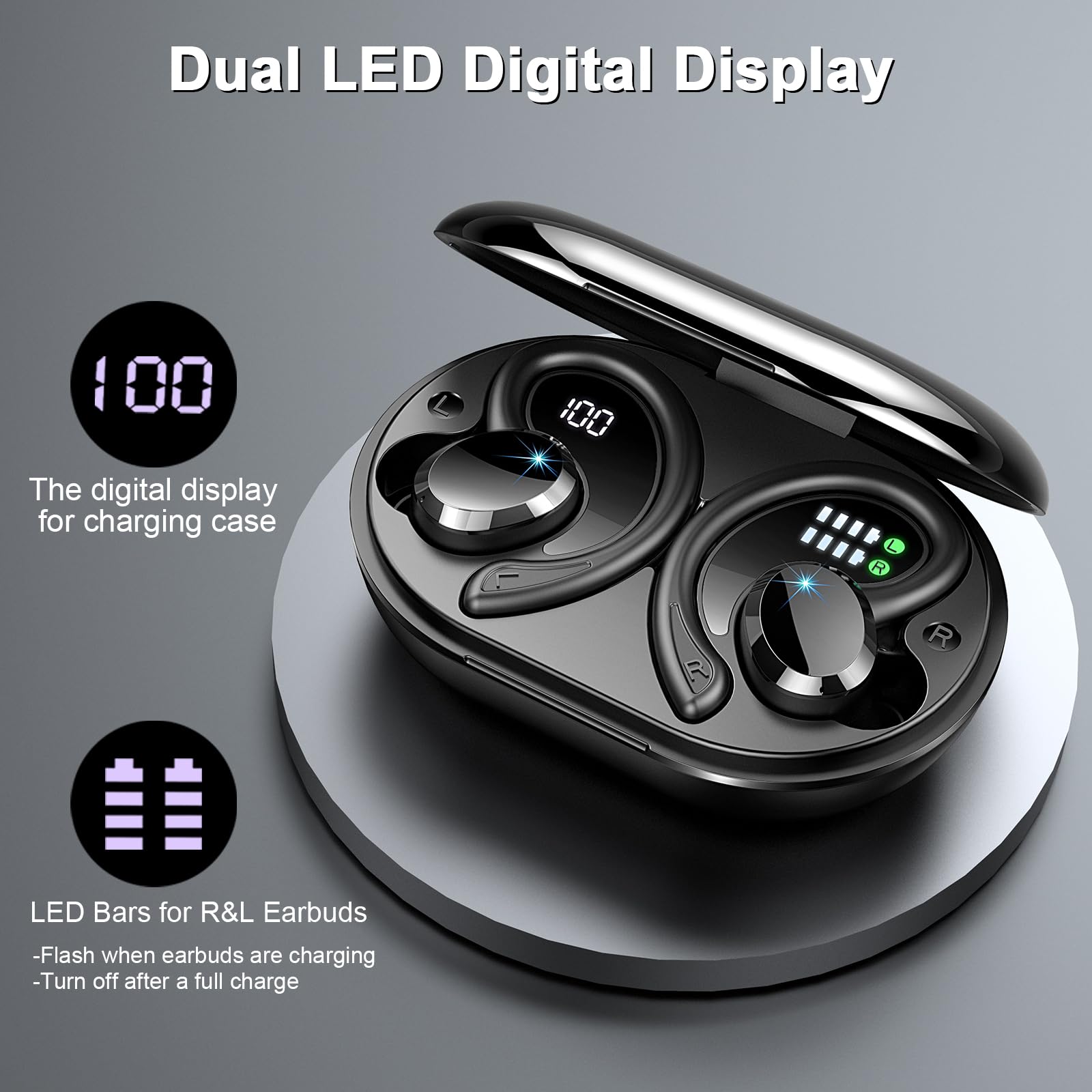 Wireless Bluetooth Earbuds with Noise Cancellation, 48H Playtime, HD Mic & Dual LED Display - IP7 Waterproof Sports Earphones with Ear Hooks & USB-C Charging for Running, Gym, Workouts and Commuting
