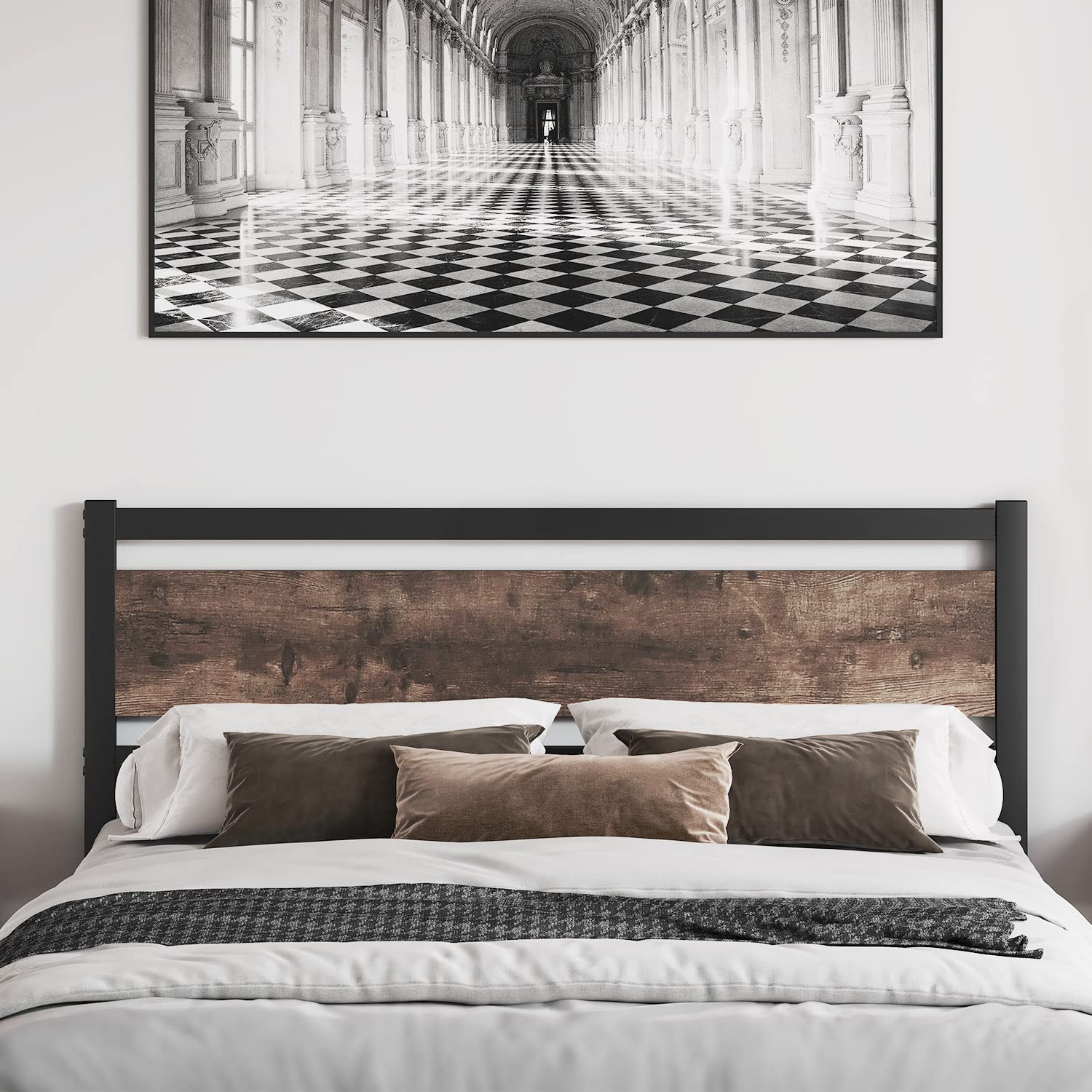 Sturdy Wooden Headboard with Metal Slats - Rustic Style, Easy Assembly for Twin XL/Queen/King Size Beds | Perfect for Farmhouse, Industrial & Modern Bedroom Decor