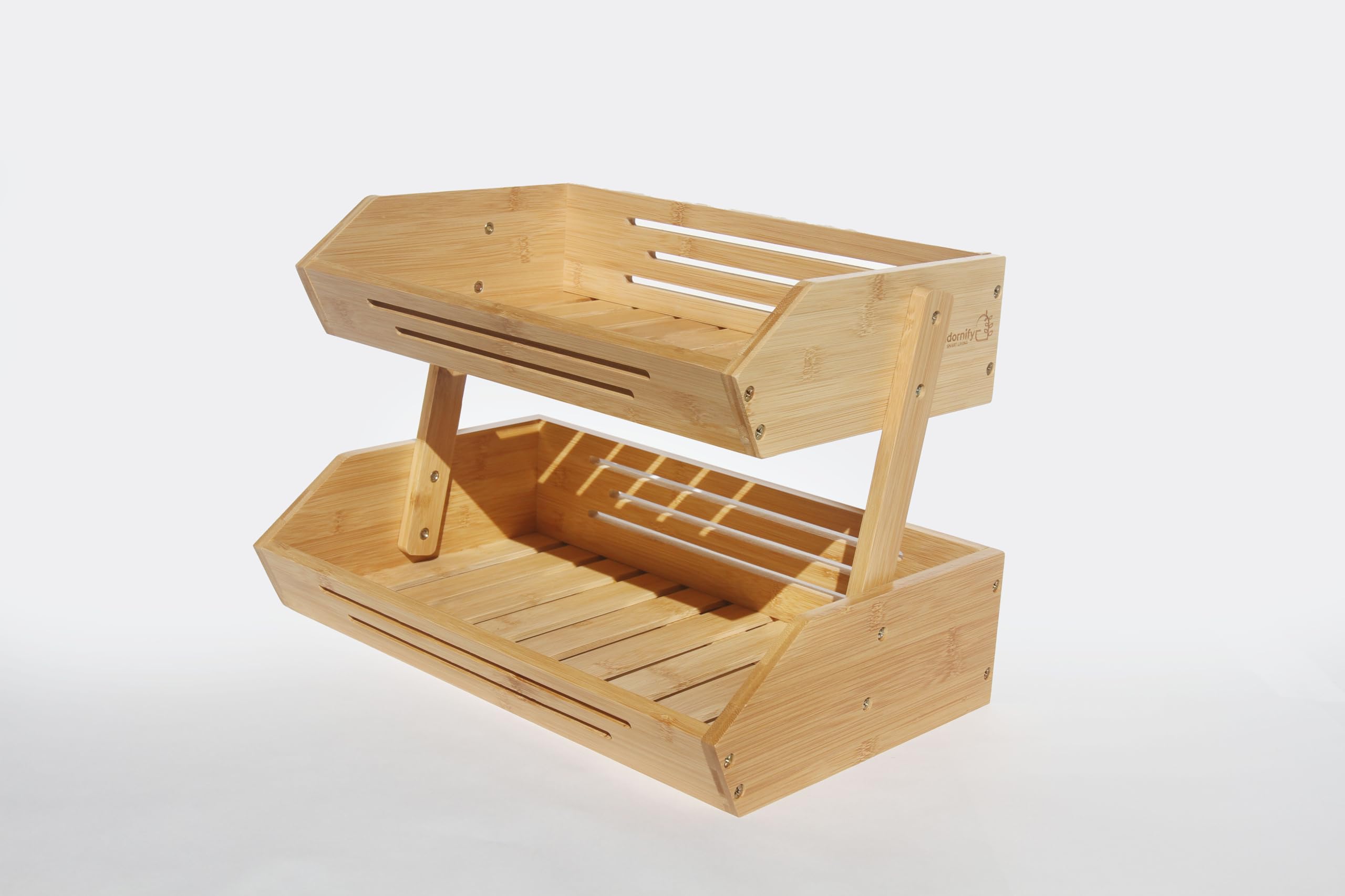 2 Tier Bamboo Fruit Basket with Banana Hanger Hooks - Wooden Kitchen Countertop Organizer for Fruits & Vegetables - Perfect for Home Kitchen, Fruit Shops, and Pantry Storage