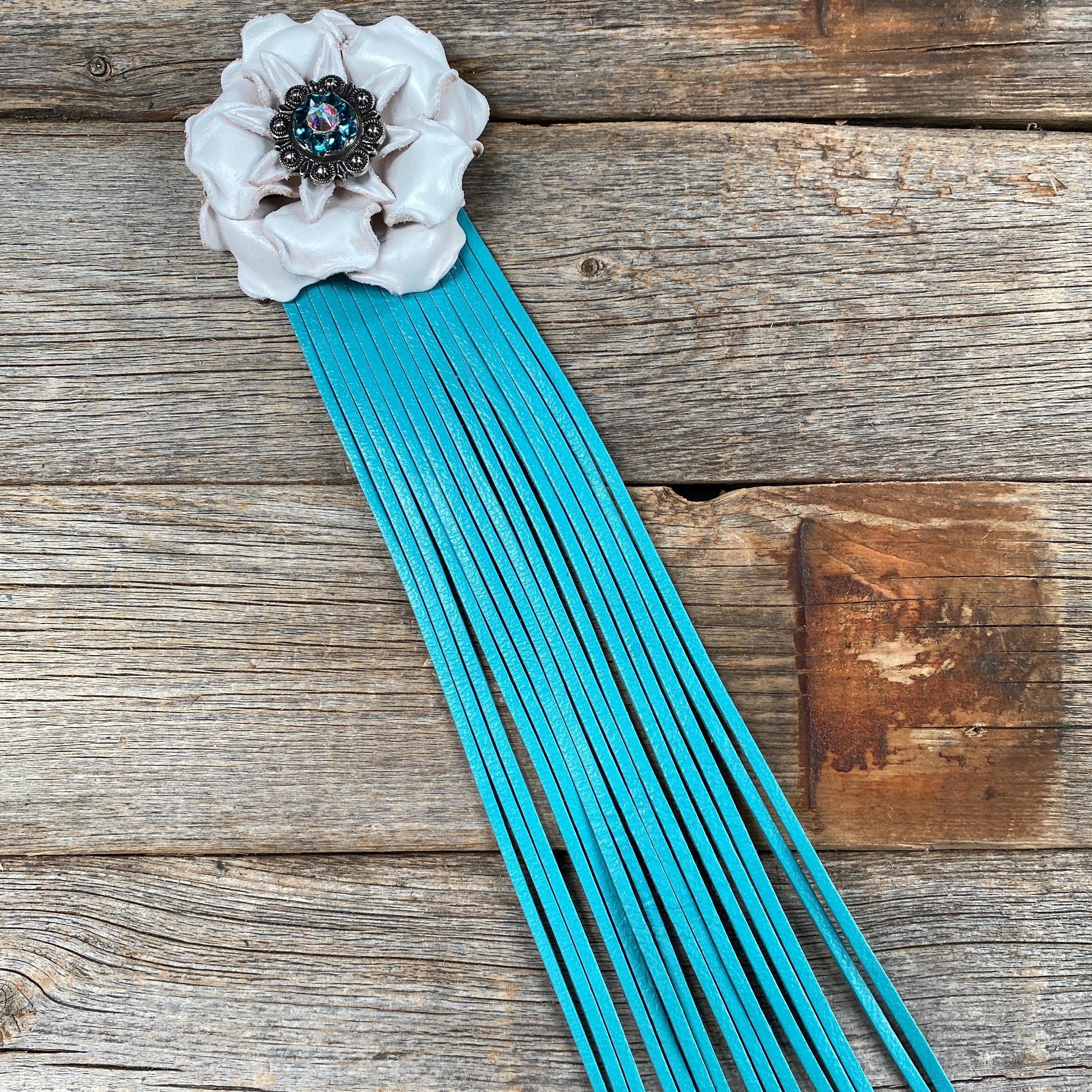 Handmade Leather White Gardenia Flower with Turquoise Fringe - Boho Chic Home Decor for Wall Hangings, Wedding Centerpieces & Bohemian Room Decor
