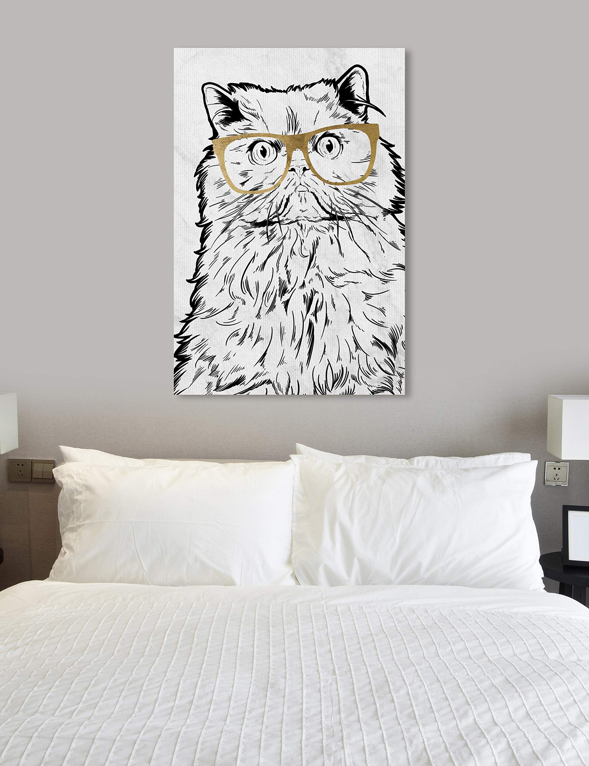 Cat with Gold Glasses Wall Art Canvas Print - 36x54 Inches Black & White Animal Painting - Perfect for Living Room, Bedroom or Office Decor