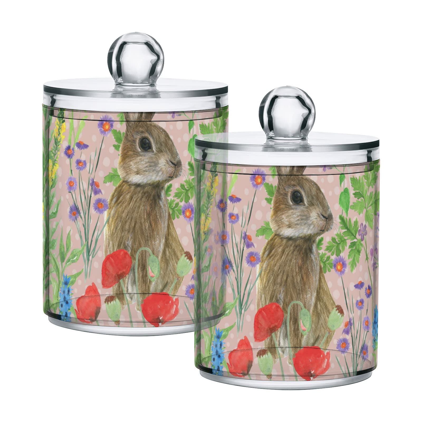 Set of 2 Pink Plastic Storage Jars with Lids - 10oz Translucent Food Containers for Tea, Cookies & Cotton Swabs | Watercolor Rabbit Bunny with Green Herbs & Red Poppies Design | Perfect for Kitchen Pantry, Bathroom Organization & Craft Supplies Storage