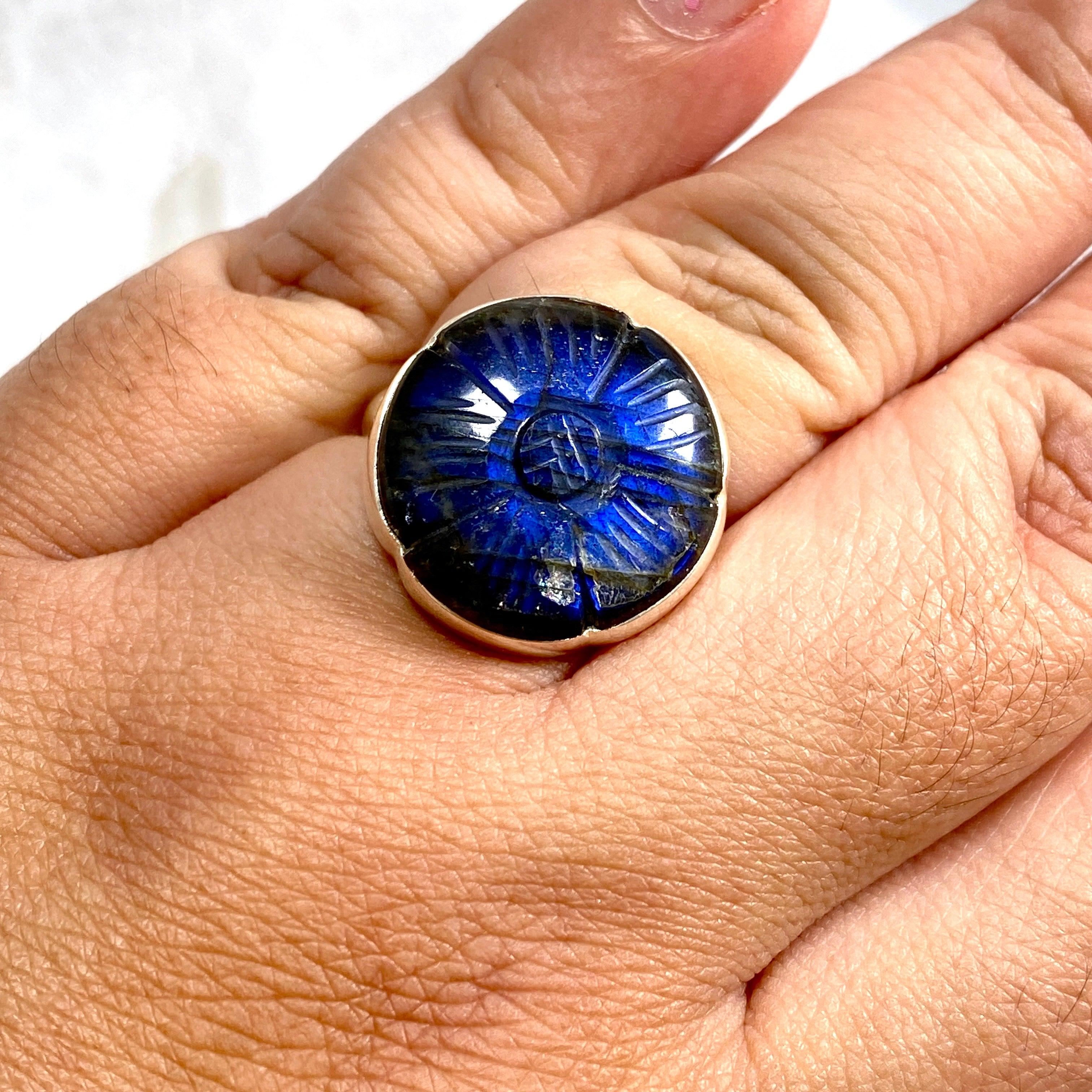 Labradorite Flower Cabochon Ring with Split Band - Sterling Silver Gemstone Jewelry for Women - Perfect for Boho Style, Gift Giving & Special Occasions