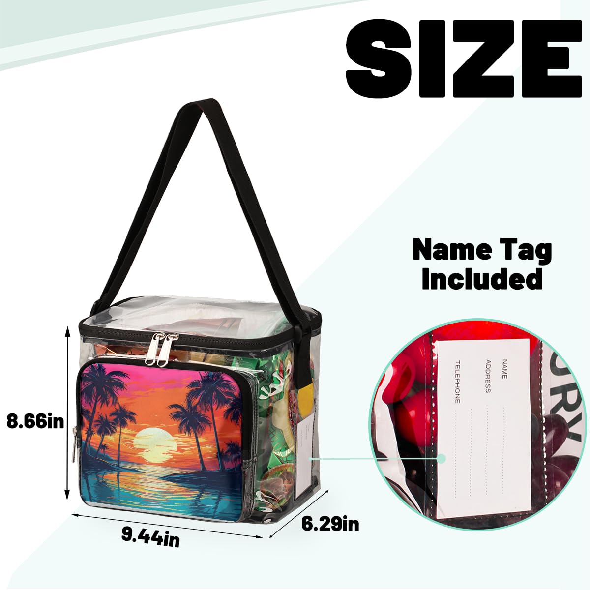 GzLeyigou Clear Transparent Beach Tote Bag with Handles - Waterproof Sunset Design with Coconut Palm Print - Perfect for Outdoor Travel, Picnic, Concerts & Sports Events - Stadium Approved Shoulder Bag for Women & Men