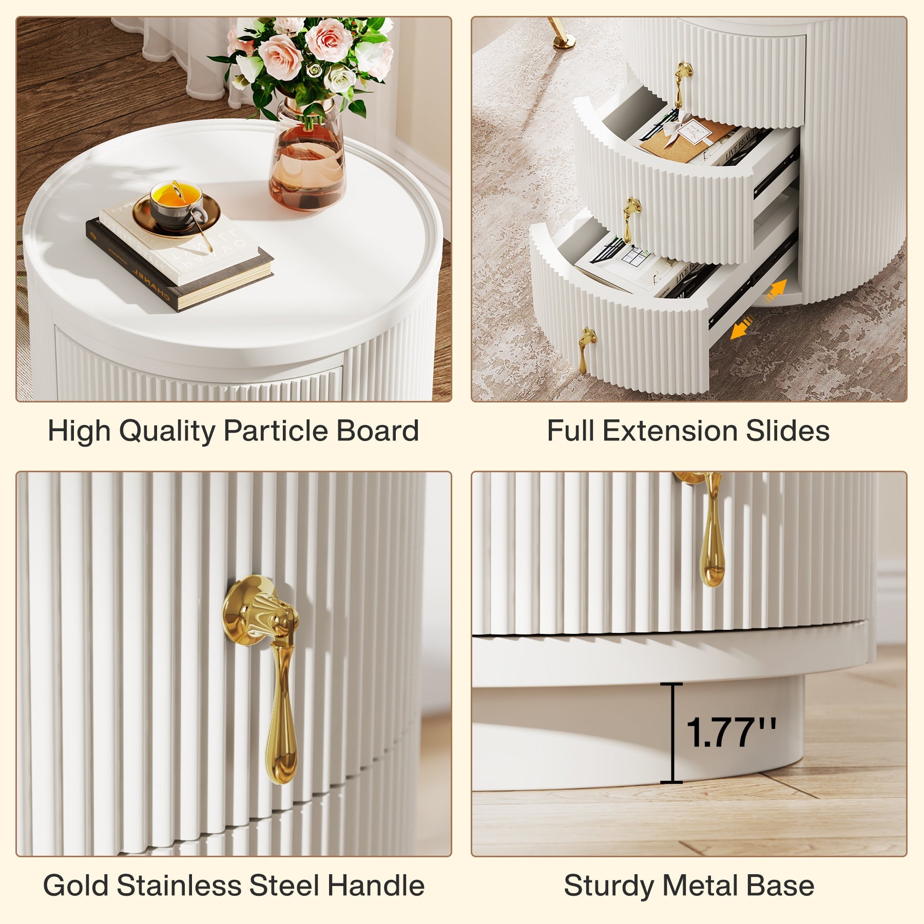 Modern 3-Drawer Nightstand with Storage - Round Side End Table for Bedroom, Living Room & Office - Compact & Stylish Furniture for Small Spaces