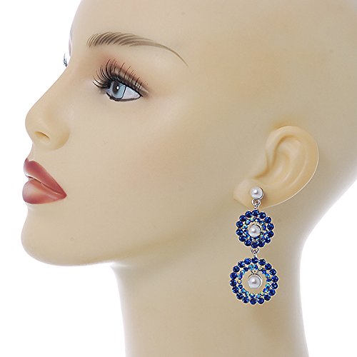 Elegant Sapphire Blue & AB Austrian Crystal Pearl Double Hoop Drop Earrings - 55mm Rhodium Plated Dangle Earrings for Women | Perfect for Weddings, Parties & Special Occasions