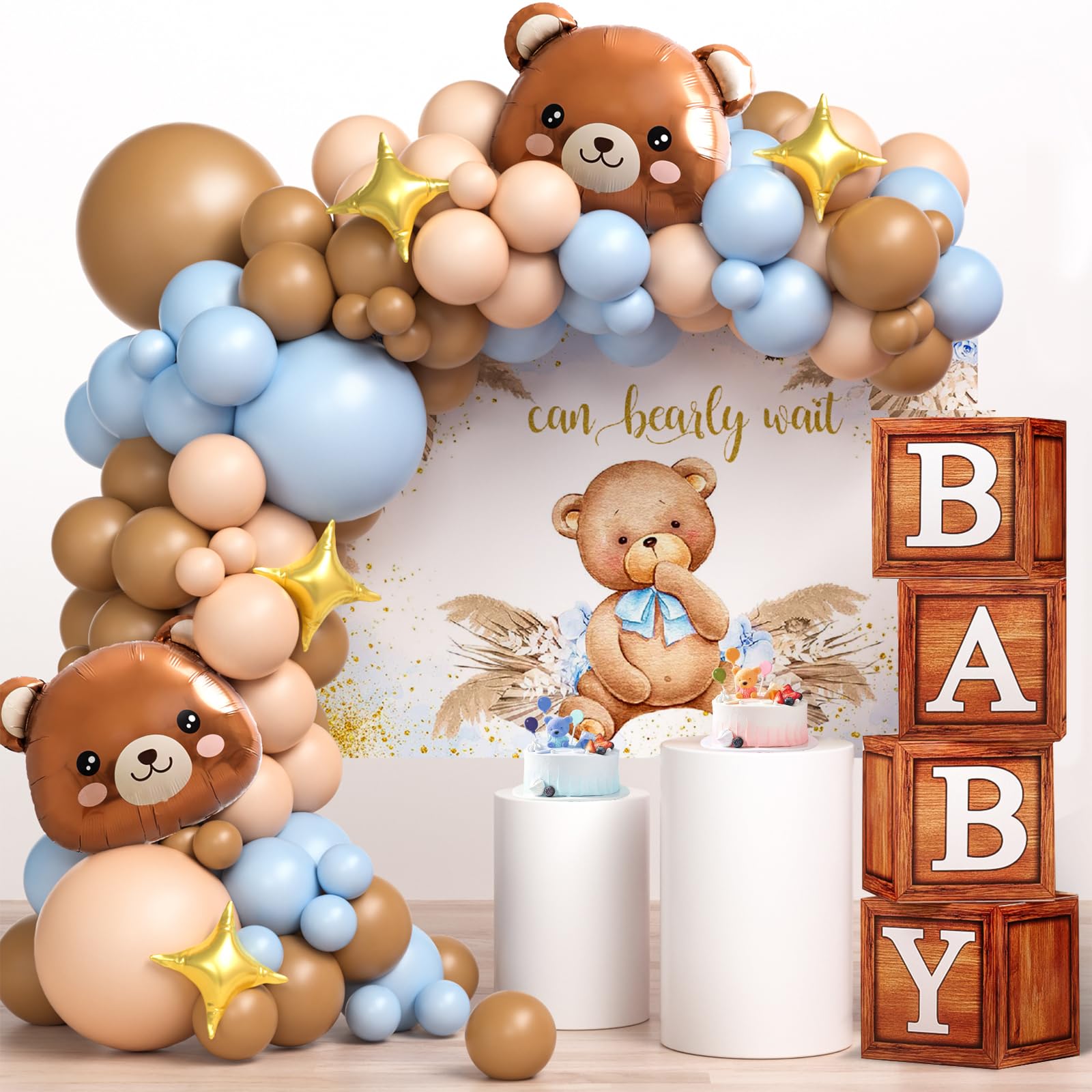 117-Piece Teddy Bear Baby Shower Decorations Kit - Brown & Blue Balloon Garland, Wood Grain Gift Boxes with Letters, 'Bearly Wait' Backdrop - Perfect for Boy's Birthday Party & Bear-Themed Baby Shower Decorations | Ideal for Nursery Decor, Gender Reveal Party & First Birthday Celebrations