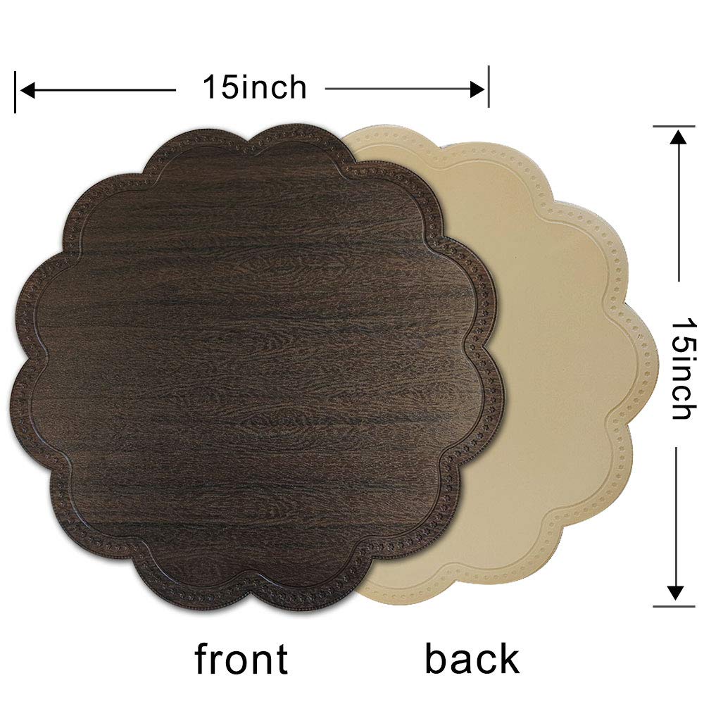 Modern Round Waterproof Placemats Set of 6 - Non-Slip Washable PU Table Mats for Dining Table, Kitchen & Home Decor (Wood Black) - Perfect for Everyday Meals, Dinner Parties & Spill Protection