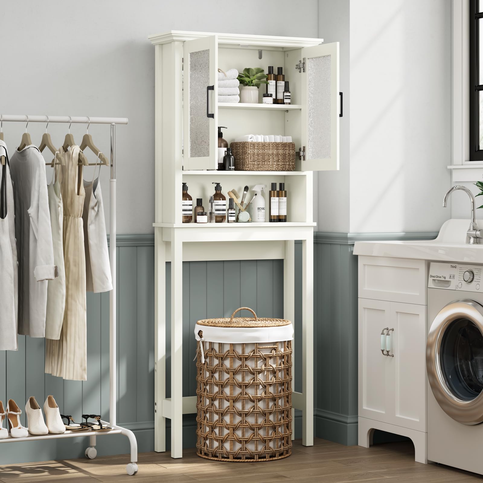 Over The Toilet Storage Cabinet with Doors & Adjustable Shelf - Thick Frame Bathroom Organizer for Above/Behind Toilet - Cream White - Perfect for Small Bathrooms, Apartments & Space-Saving Storage