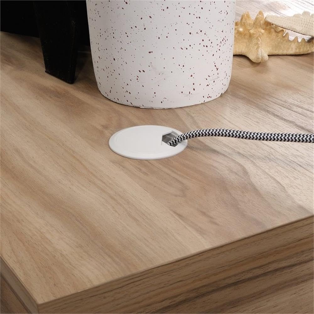 Pemberly Row Engineered Wood L-Shape Desk in Kiln Acacia Brown - Modern Home Office Desk for Small Spaces, Gaming & Study - Sturdy Workstation with Storage Shelf