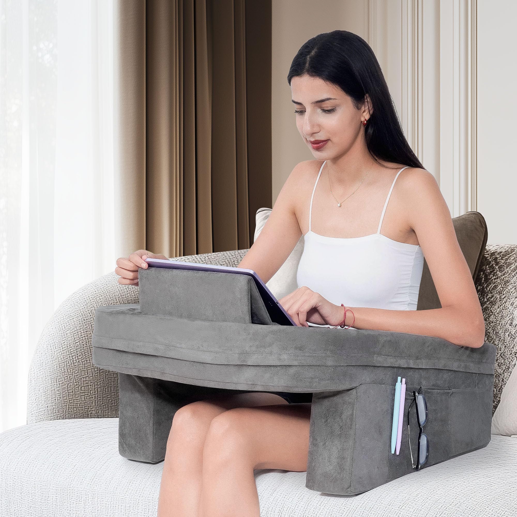 Memory Foam Reading Pillow with Side Pockets - Ergonomic Back Support for Adults, Gaming, Working & Relaxing - Perfect for Bed, Sofa, Floor or Car Use - Laptop Lap Desk Pillow for Reading, Watching TV & Travel Comfort