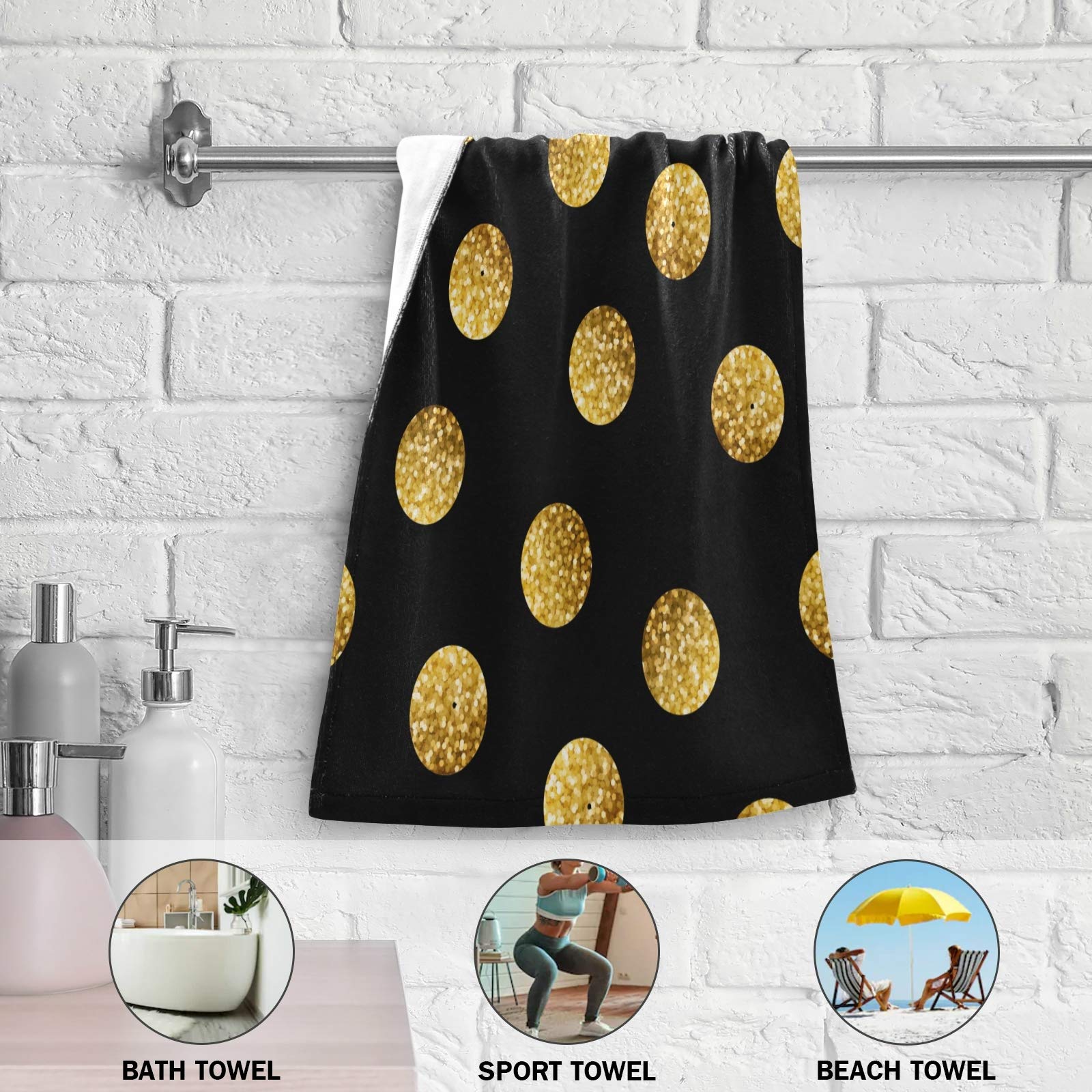 Qilmy 2-Piece Bath Towel Set - Super Absorbent Soft Cotton Towels for Bath, Face, Hand & Gym - Polka Dot Gold & Black - Perfect for Home, Shower & Travel Use