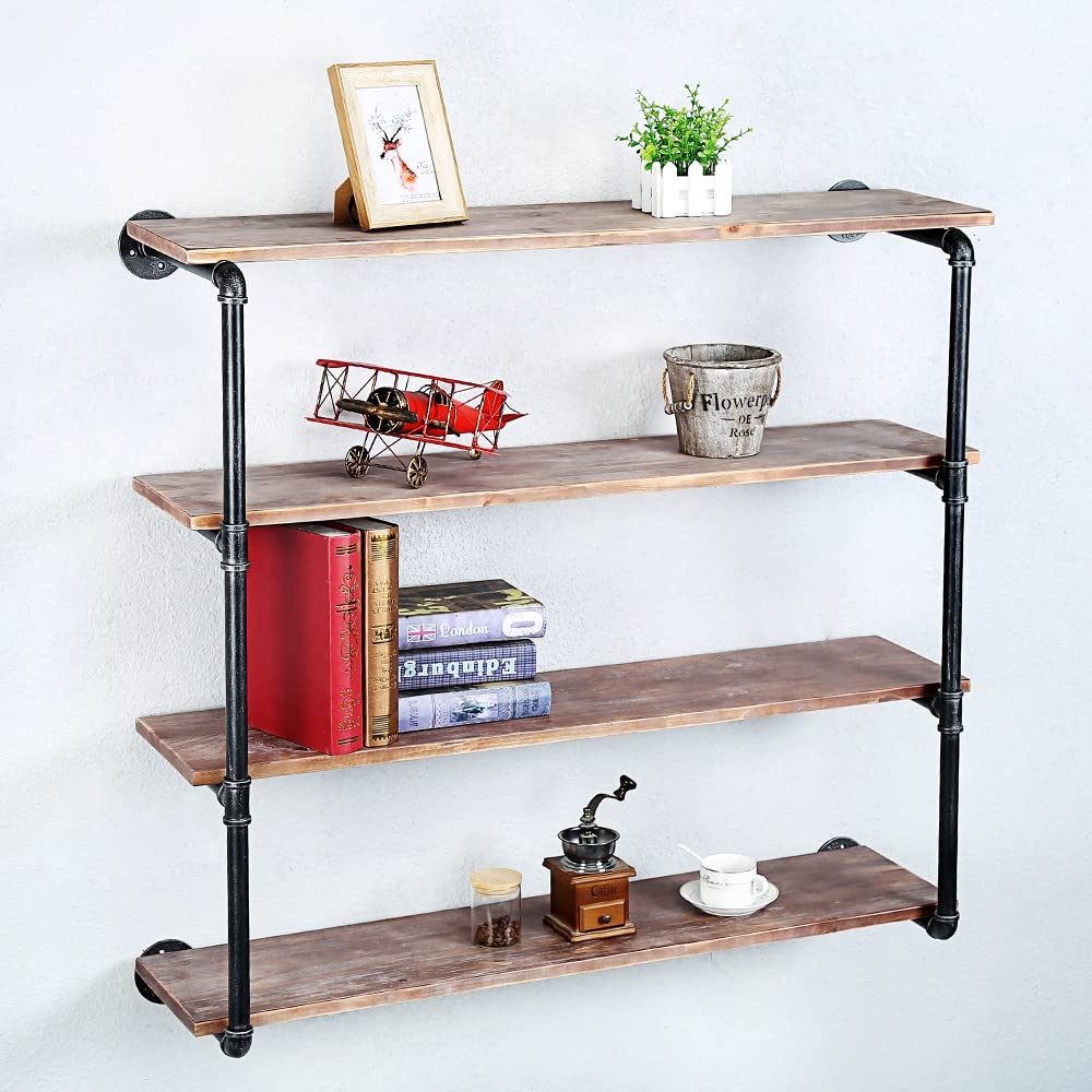 Industrial Pipe Floating Shelves with Wood Shelf - 4 Tier 42 Inch Wall Mounted Metal Book Shelves for Living Room, Bedroom & Office Storage