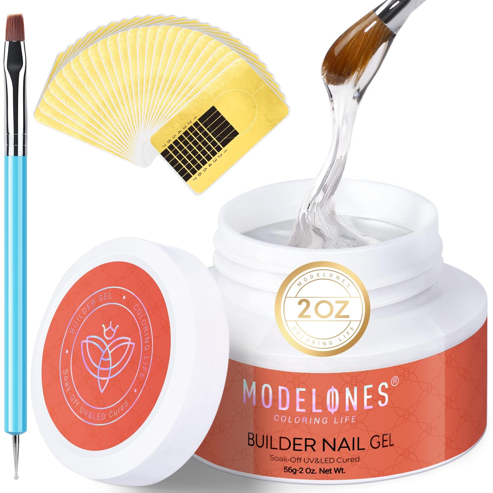 Modelones Builder Nail Gel - 2oz Clear Hard Gel for Nail Extensions & Strengthening | Professional DIY Nail Art Kit with 100PCS Nail Forms & Dual-Use Brush | Perfect for Home Manicures, Salon-Quality Nail Enhancements & Acrylic Gel Nail Designs