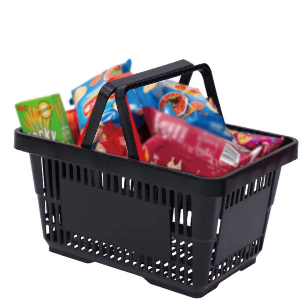 12 Pack Black Plastic Shopping Baskets with Handles - Durable Retail Grocery Baskets for Supermarket, Convenience Store & Home Organization - Perfect for Shopping, Storage & Display