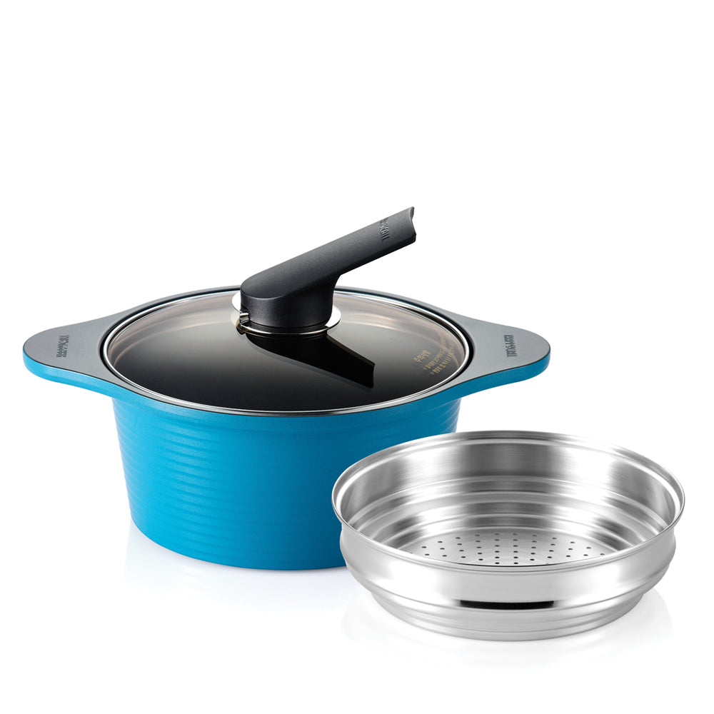 HappyCall Alumite 20cm High Pure Ceramic Die Cast Stock Pot with Anti-Overflow Self-Standing Lid & Stainless Steel Steamer - Perfect for Soups, Stews, and Healthy Steam Cooking at Home