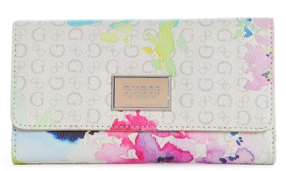 Guess Women's Logo Floral Print Trifold Slim Wallet Clutch Bag - Cement Gray | Stylish & Compact for Everyday Use, Travel & Night Out