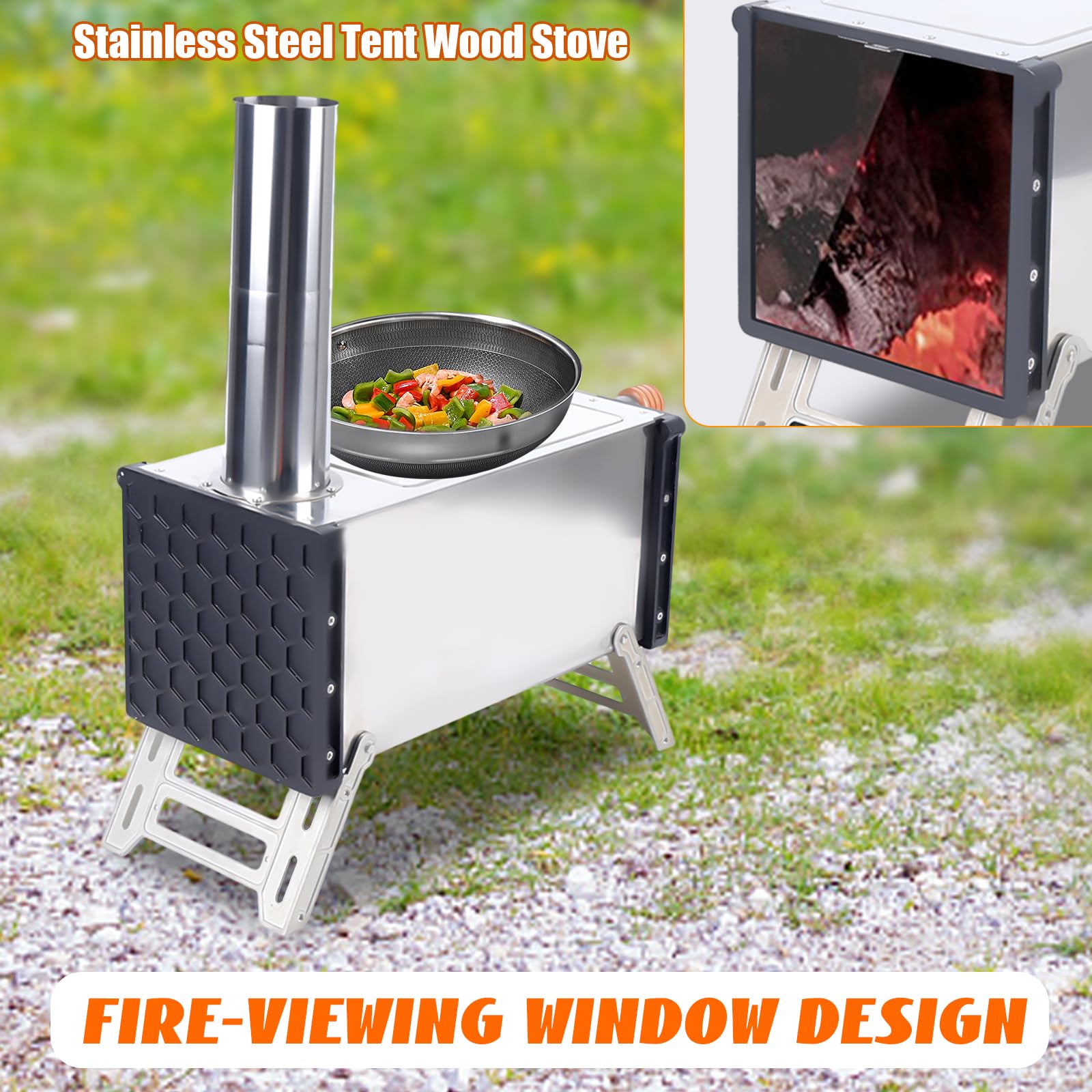 Portable Stainless Steel Wood Burning Camping Stove with Chimney Pipe - Compact Outdoor Tent Stove for Camping, Hiking, Backpacking & Fishing | Perfect for Outdoor Cooking, Picnics & Emergency Survival