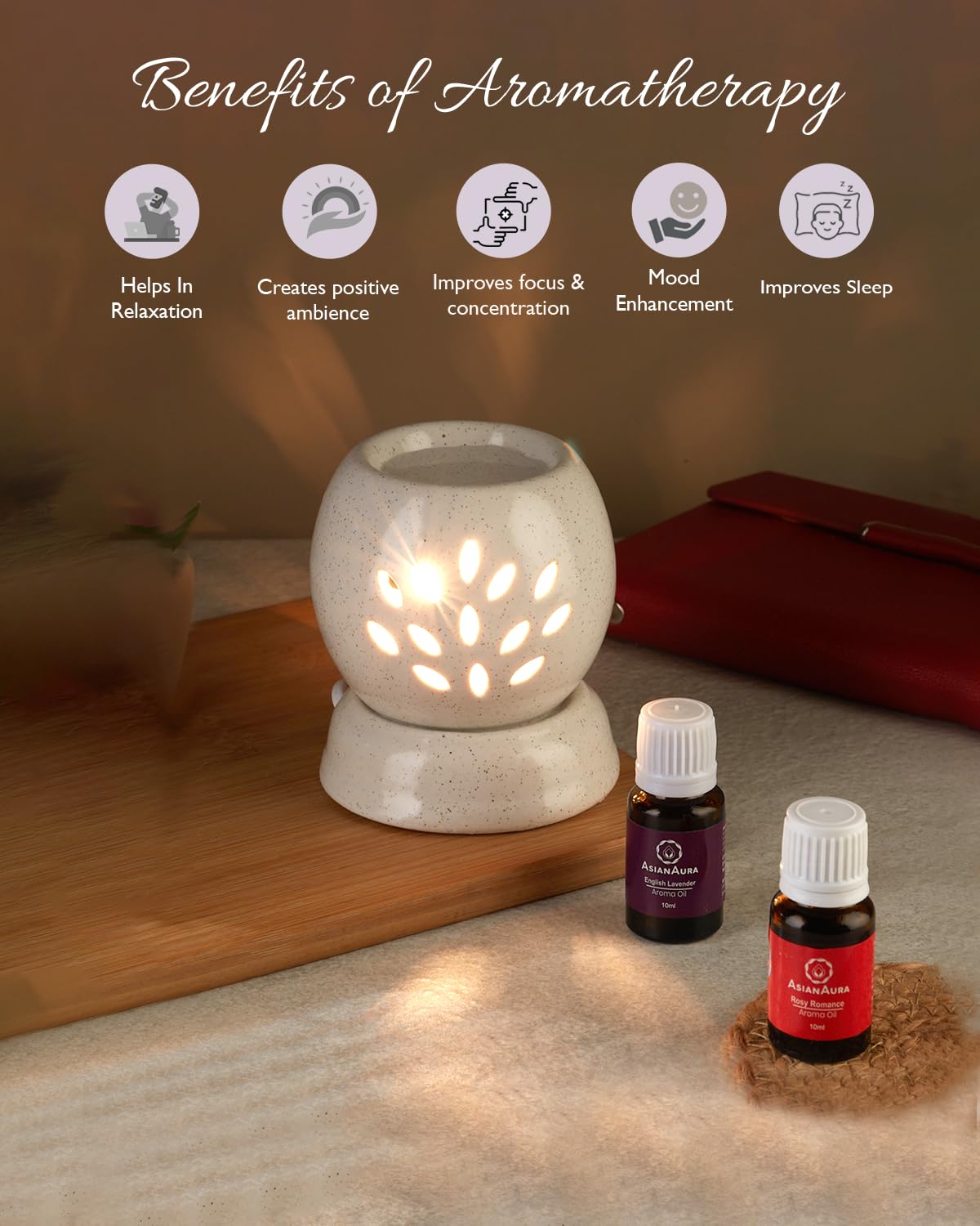 Asian Aura Handcrafted Ceramic Electric Aroma Diffuser - Round Essential Oil Diffuser for Aromatherapy, Home Decor & Fragrance with 10ml Lavender & Rose Scented Oils | Perfect for Bedroom, Yoga Studio & Spa Relaxation