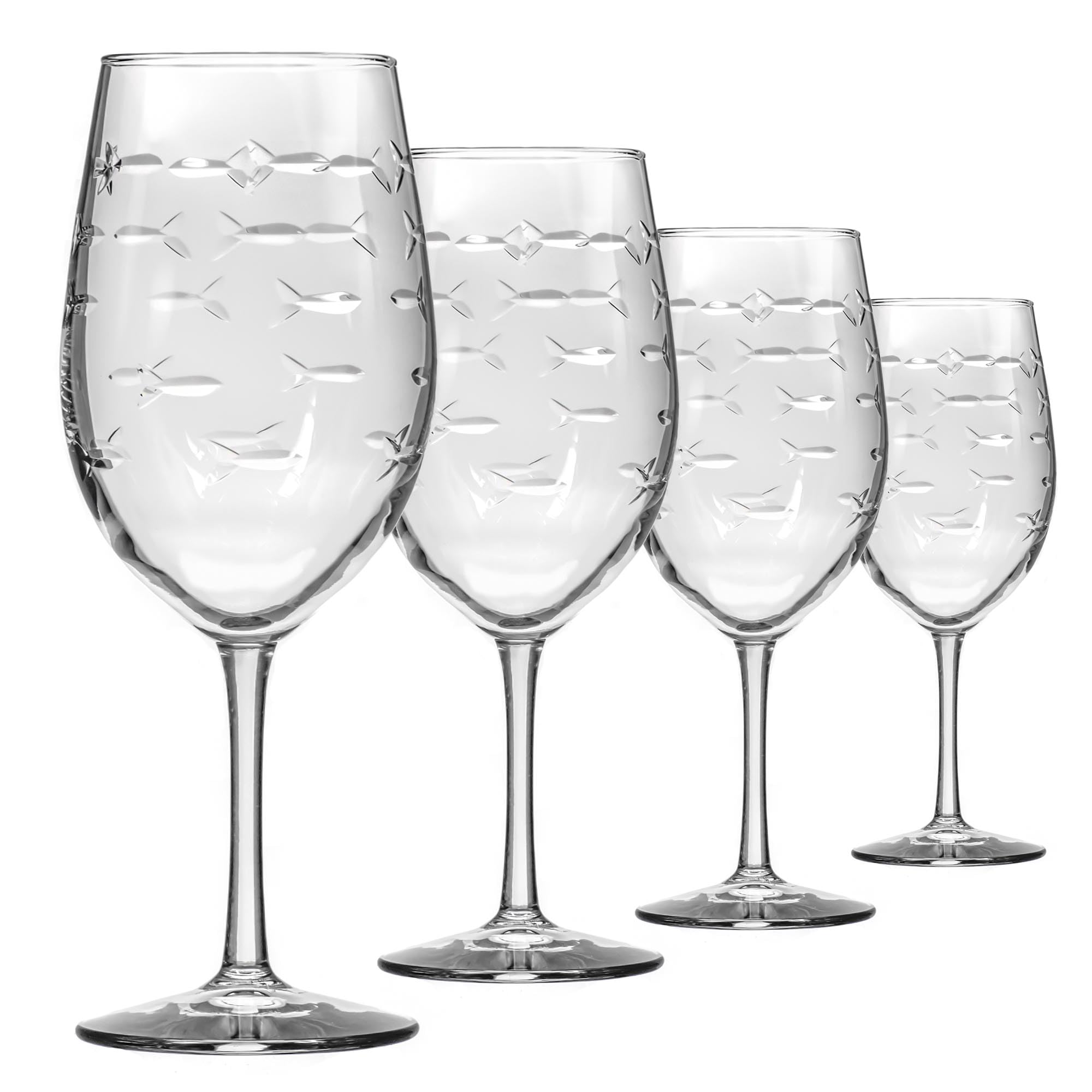 Rolf Glass School of Fish 18oz All Purpose Wine Glasses - Set of 4 Large Lead-Free Crystal Glasses with Engraved Design | Made in USA | Perfect for Dinner Parties, Wine Tasting & Home Decor