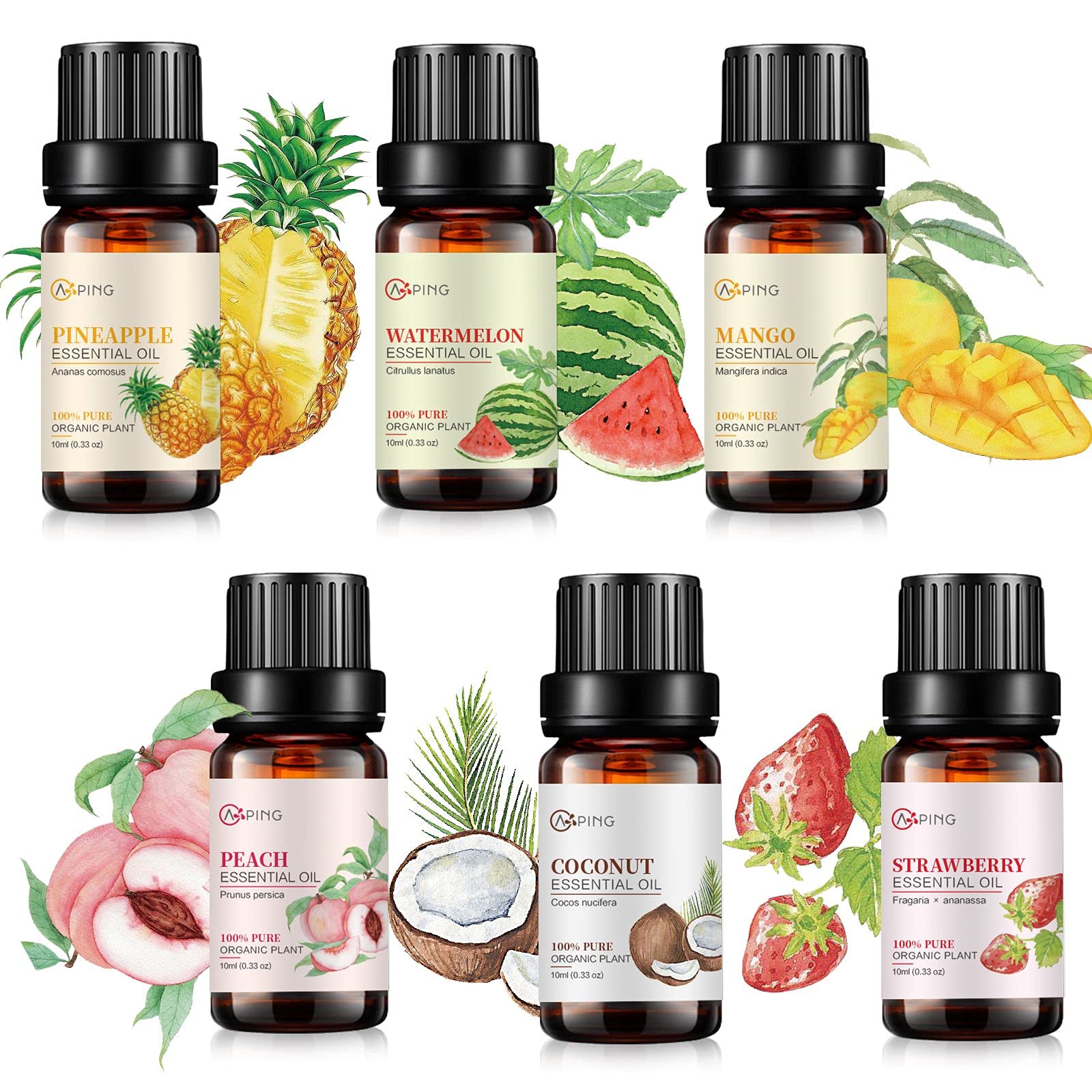 6x10ML Essential Oil Set - 100% Pure Organic Plant Oil for Aromatherapy, Diffuser, Massage, Spa, Yoga & Perfume (Peach, Strawberry, Watermelon, Pineapple, Mango, Coconut) - Relaxation, Stress Relief & Home Fragrance