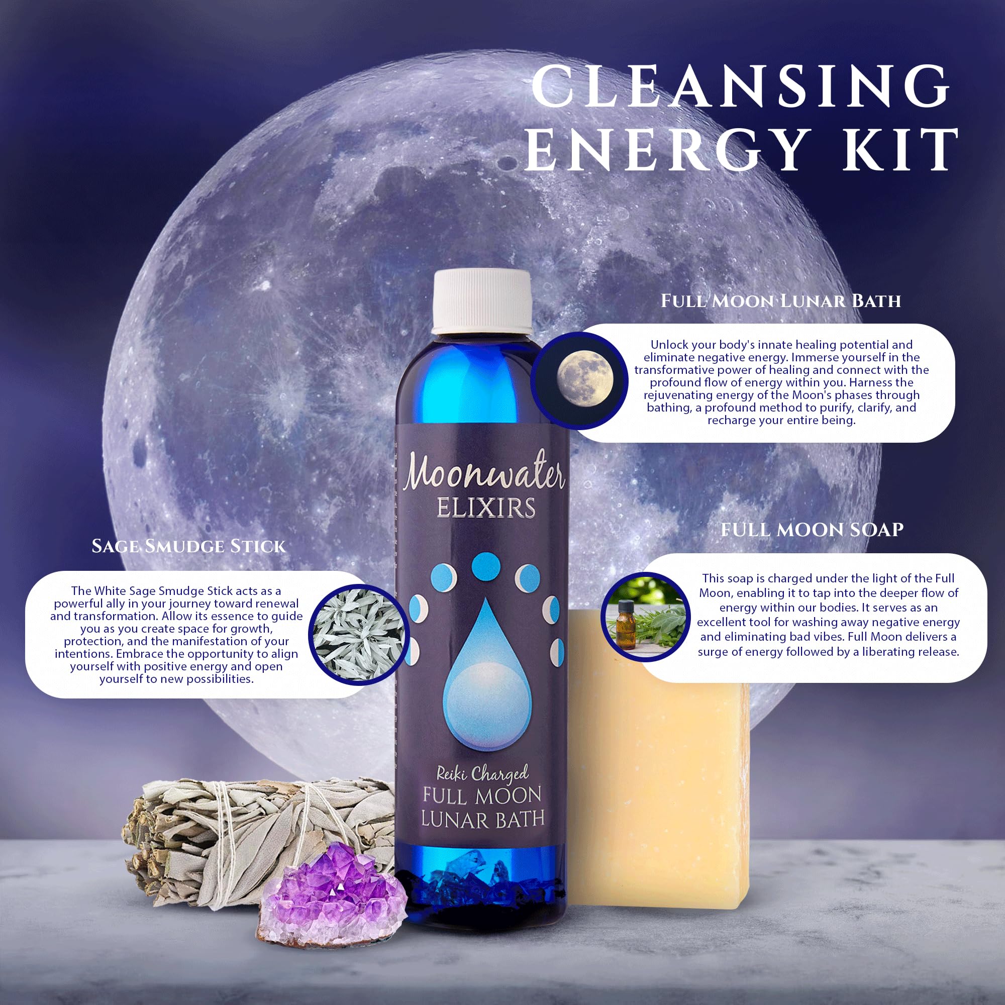 Full Moon Spiritual Bath Kit with Bath Oil, Sage Smudge Stick & Smudge Soap - Energy Cleansing, Aura Purification, Chakra Healing for Relaxation, Manifestation & Meditation | Moon Ritual, Self-Care & Spiritual Detox at Home