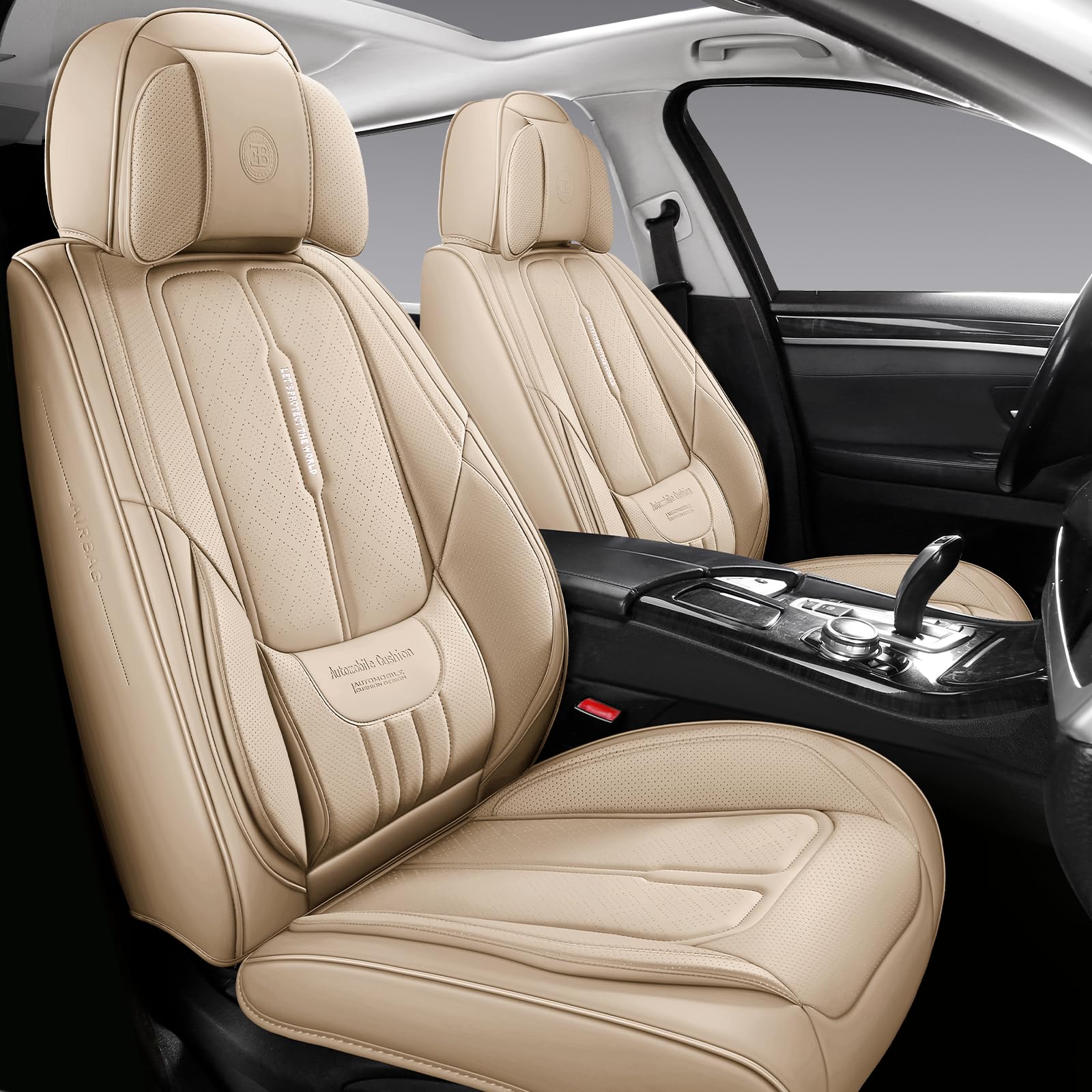 Premium Full-Grain Leather Car Seat Covers for Cars, SUVs & Trucks - Universal Fit Front Seat Protectors (2-Piece Set, Beige) | Waterproof & Anti-Slip Automotive Seat Covers for Comfort & Luxury Interior Protection