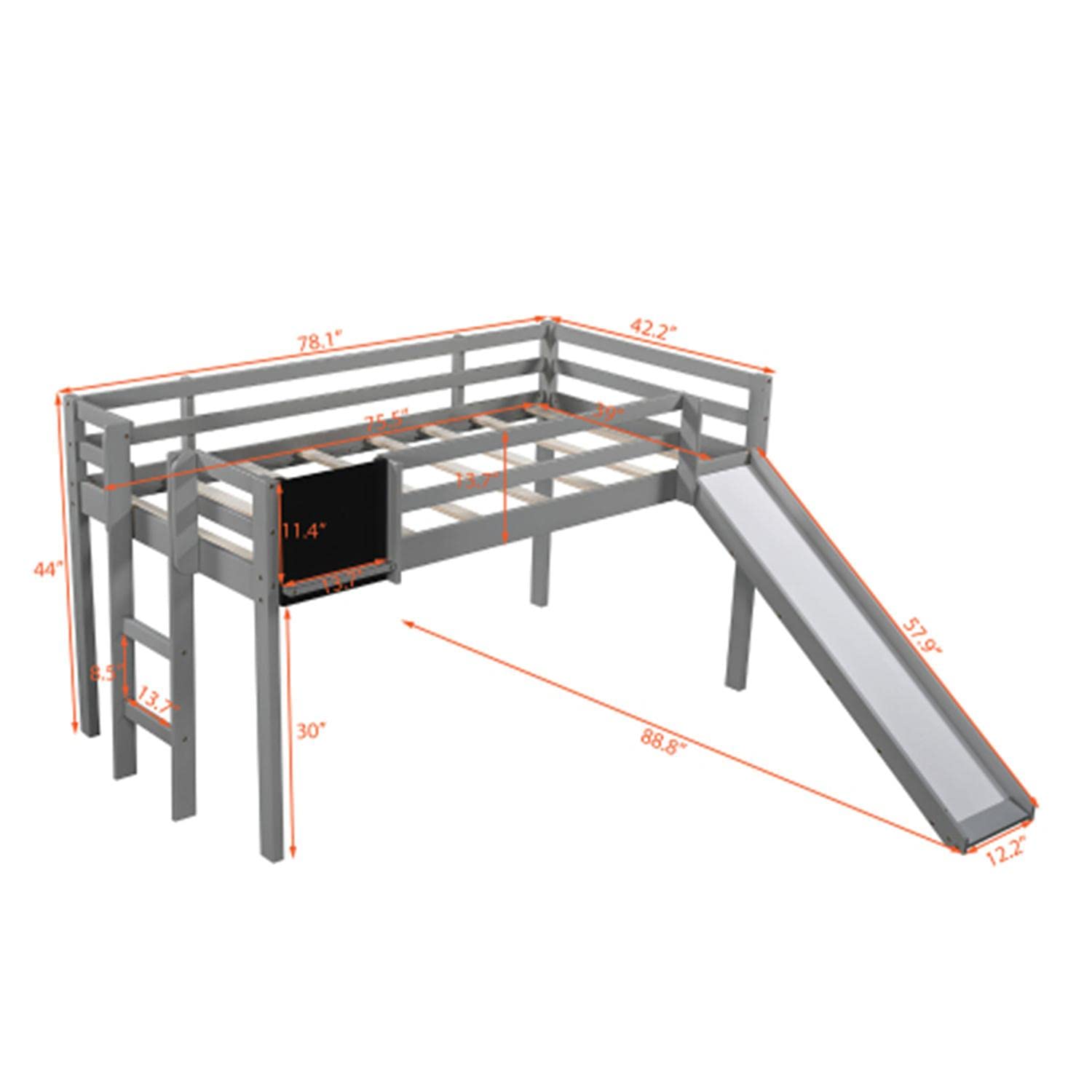 Twin Loft Bed with Slide & Ladder - Low Loft Bed with Under Bed Storage Space - Easy to Assemble Gray Kids Bed - Perfect for Small Bedrooms, Dorm Rooms & Play Areas