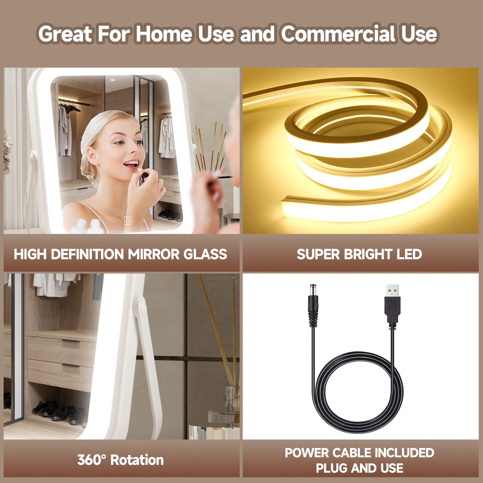 PRIMETEK 10x8 LED Vanity Mirror with 3-Color Lights & 5X Magnification - Portable for Travel, Bedroom & Gifts