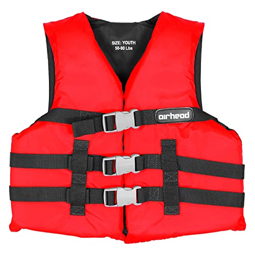 Airhead Youth Nylon Open Side Life Jacket - Red PFD for Kids Boating, Swimming & Water Sports Safety