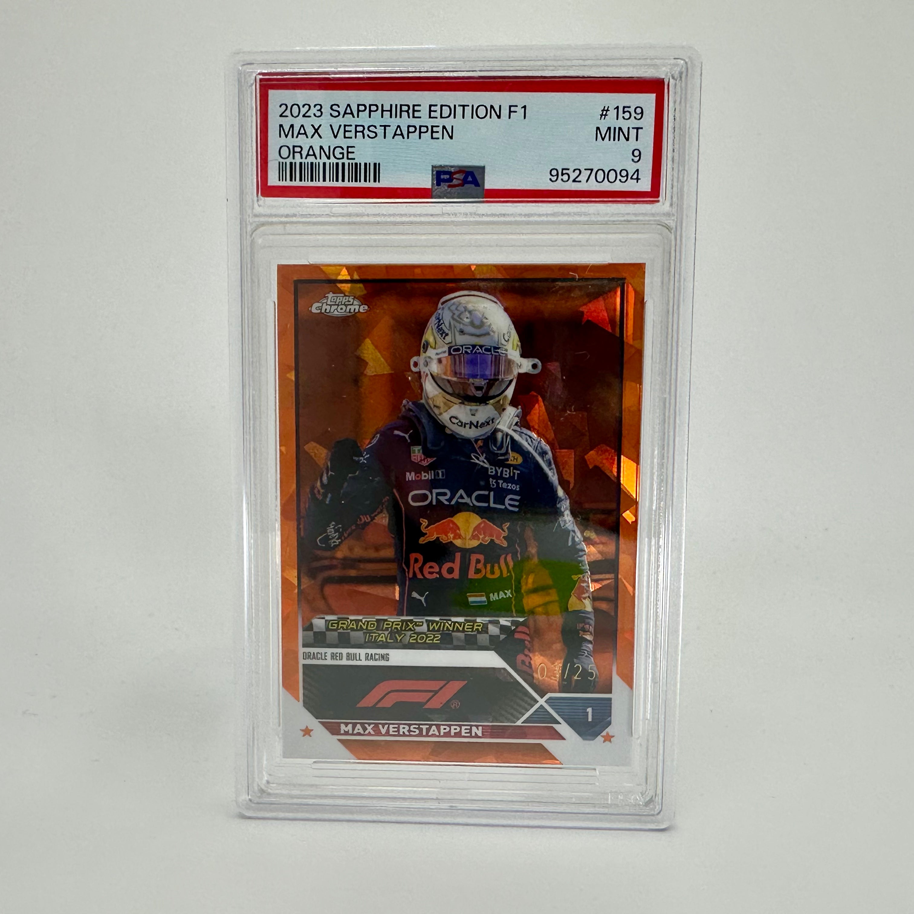2023 Topps Chrome Max Verstappen #159 PSA 9 Sapphire Orange Parallel - Rare F1 Racing Card for Collectors & Sports Memorabilia Enthusiasts