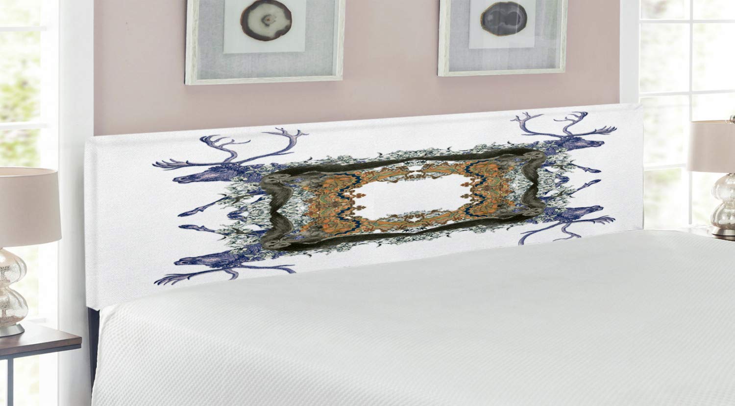 Ambesonne Victorian Upholstered Metal Headboard with Memory Foam - King Size Bed Frame in Violet Tan Pearl | Wildlife Jungle Design Featuring Girls, Owls & Hunters | Perfect for Master Bedroom, Guest Room & Victorian-Themed Decor