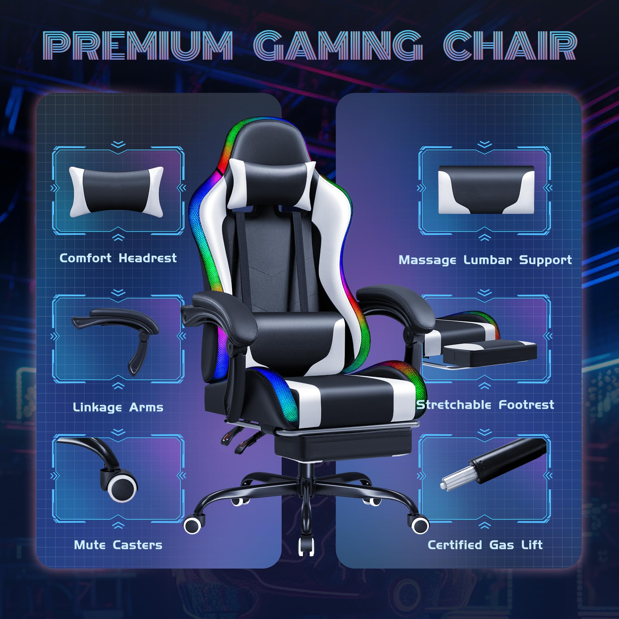 Furmax RGB LED Gaming Chair with Footrest & Massage Lumbar Support - Ergonomic High Back Reclining Computer Chair with Headrest & Swivel Seat for PC Gamers - Perfect for Esports, Streaming & Home Office (LED White)