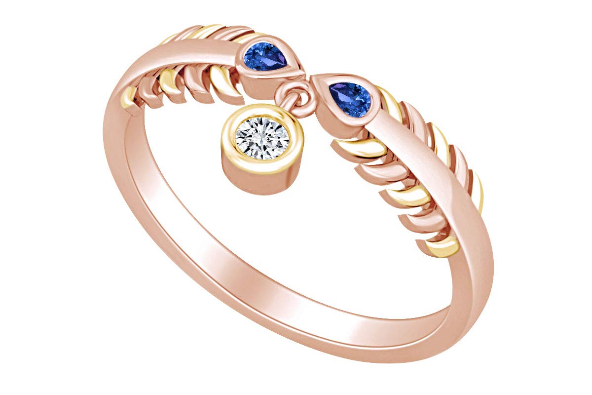 Simulated Blue Sapphire & White Natural Diamond Accent Feather Two-Tone Ring for Women - Elegant Jewelry Gift for Wedding, Anniversary & Special Occasions
