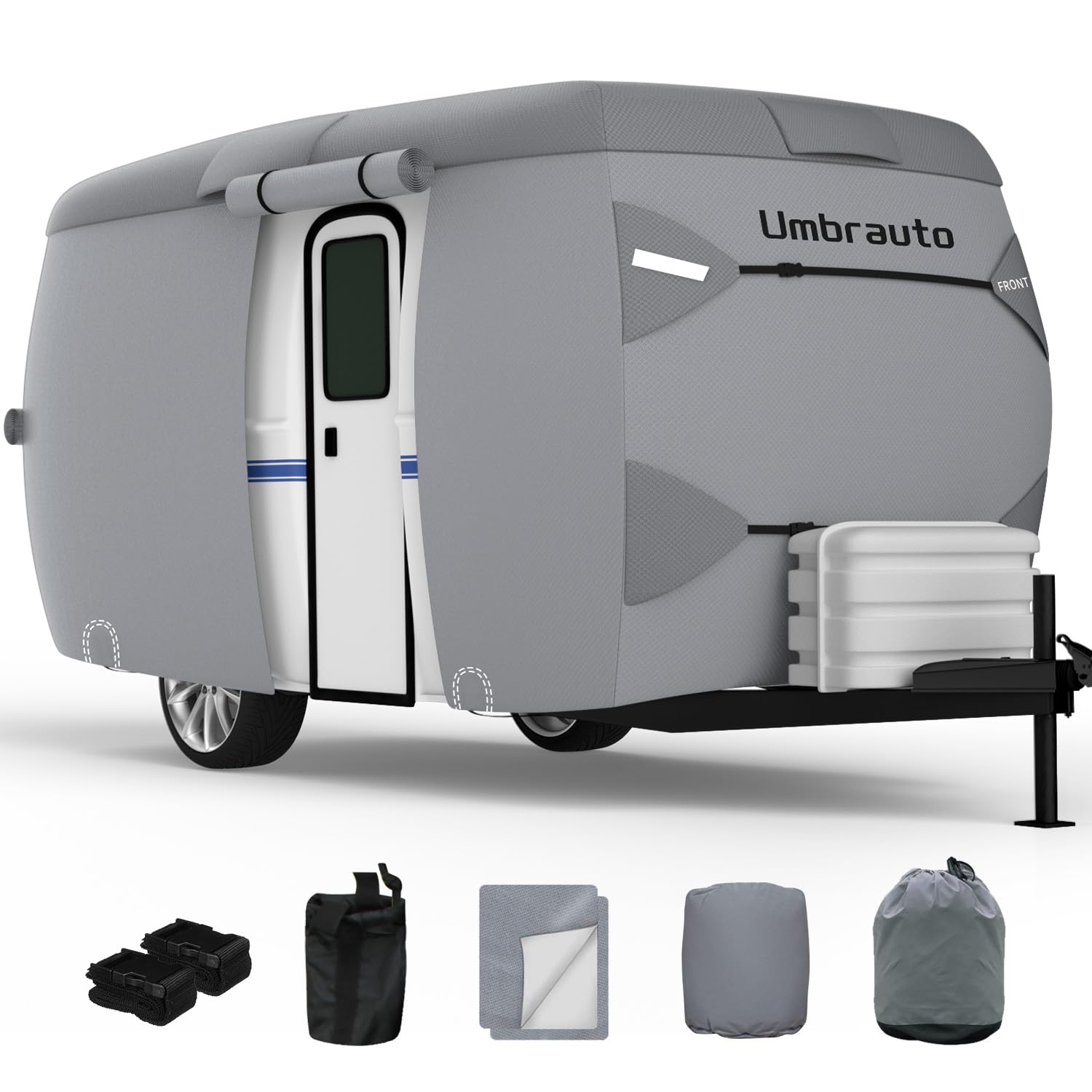 2023 Upgraded 7-Layer Fiberglass Travel Trailer Cover for 8'-10' Trailers - Windproof Strap & Adhesive Repair Patches Included | Perfect for RV, Camper, and Outdoor Travel Protection