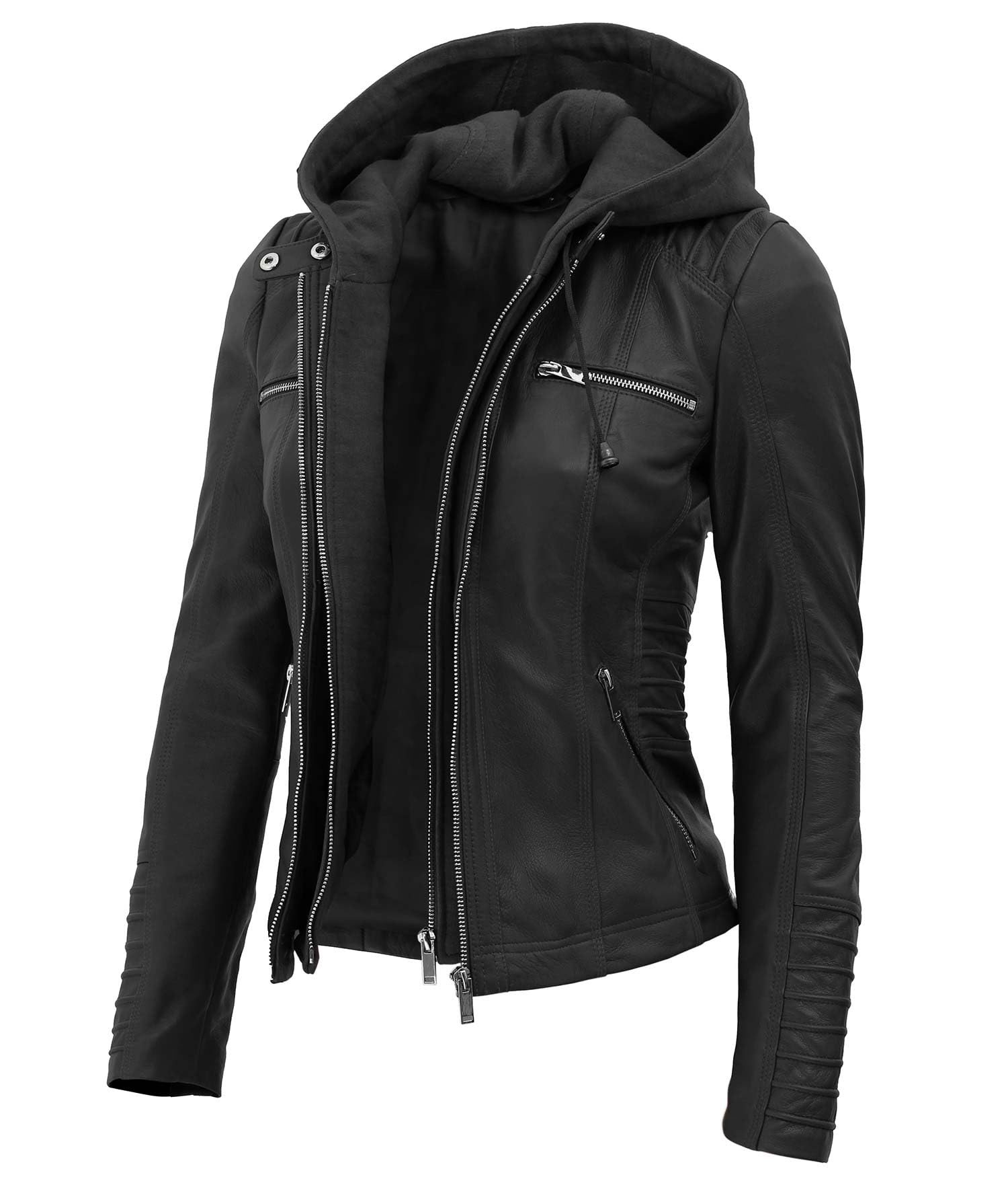 Blingsoul Women's Real Lambskin Leather Jacket with Detachable Hood - Stylish Winter Coat for Casual Outings, Date Nights & Motorcycle Riding