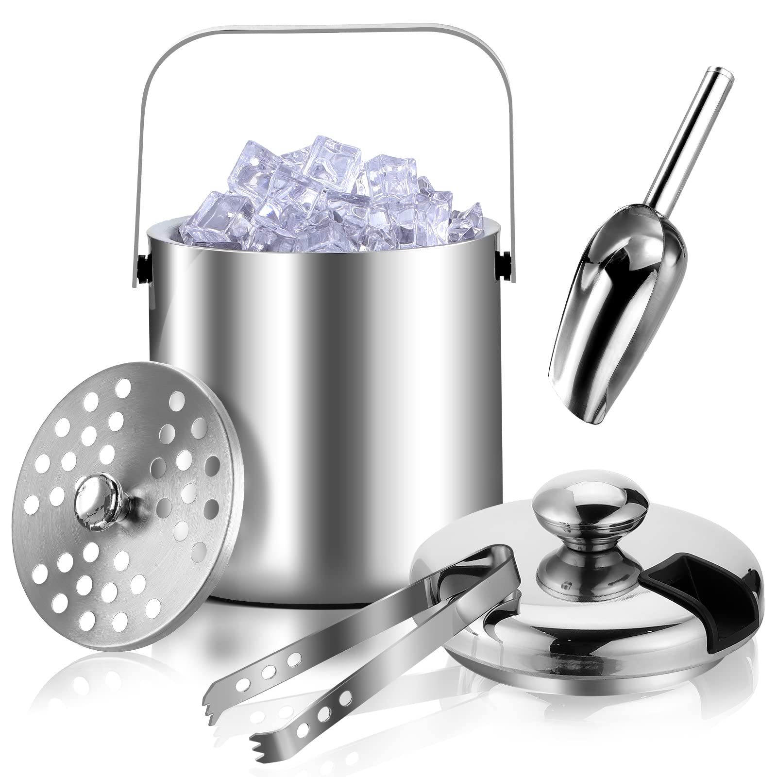 Premium 1.5L Stainless Steel Ice Bucket with Lid - Double Wall Insulated Metal Ice Bucket for Whiskey, Cocktails & Beverages - Includes Tongs & Strainer - Perfect for Home Bars, Parties, Weddings & Outdoor Events