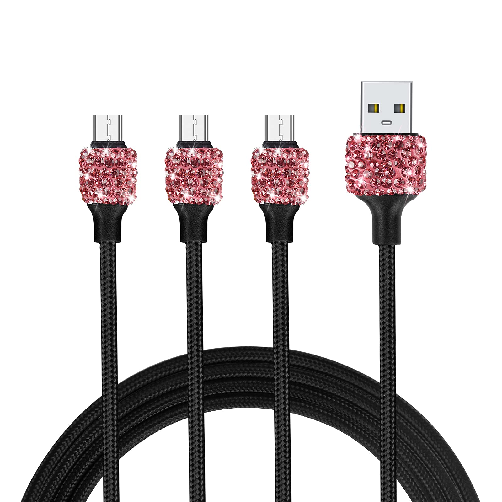 3-Pack Pink Bling Micro USB Cable (3.3FT) - Fast Charging Cord for Samsung Galaxy S7/S6 Edge/J7/S5, Note 5/4, LG K40/K20, MP3 Players, Kindle, Tablets - Perfect for Home, Office & Travel Charging