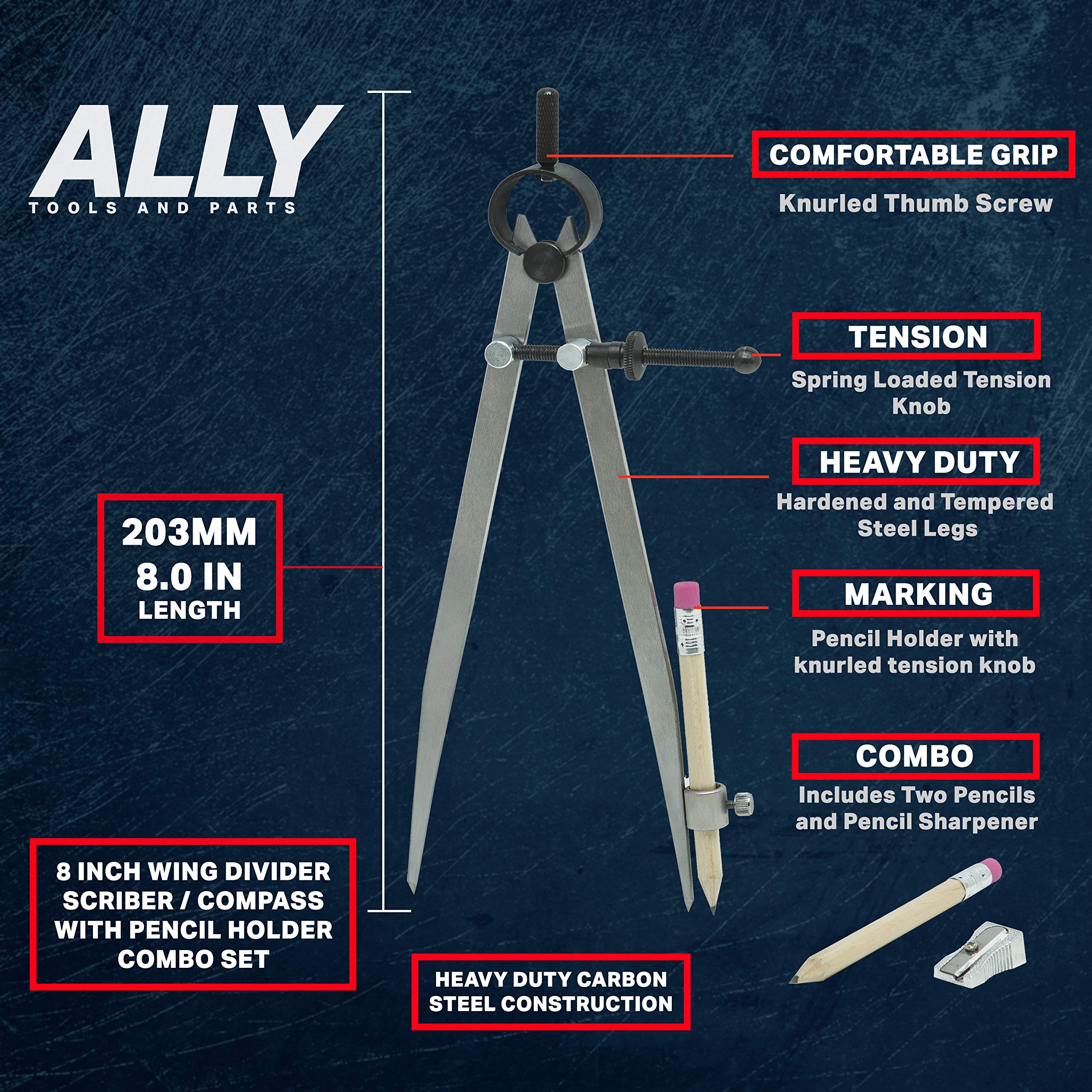 ALLY Tools 8 Inch Precision Locking Spring Divider - Woodworking Compass with Pencil Holder, Includes 2 Pencils & Sharpener - Perfect for Drawing, Drafting, Carpentry, Woodworking & DIY Projects