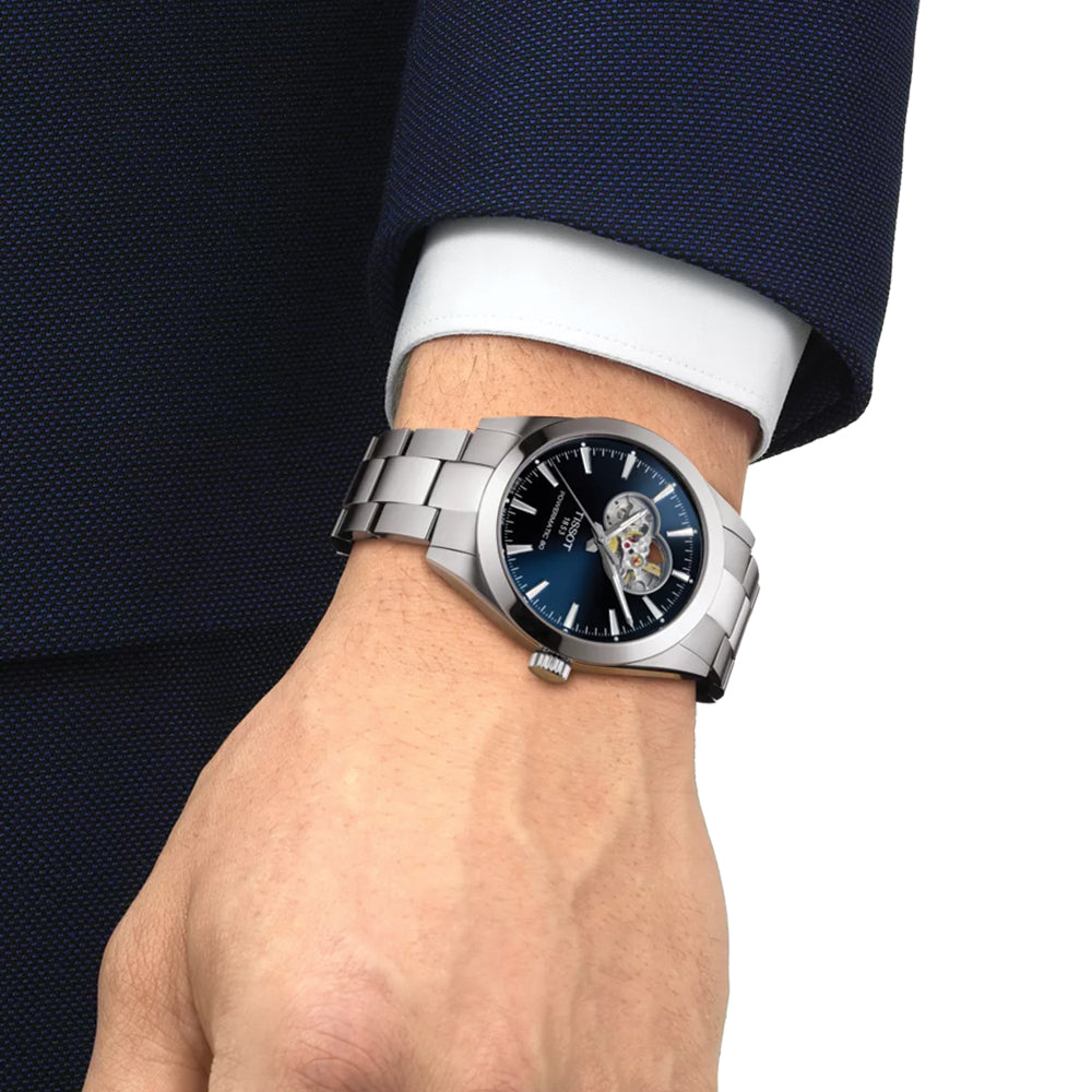 Gentleman Powermatic 80 Open Heart 40mm Blue Dial Men's Watch with Stainless Steel Bracelet - Perfect for Business Meetings & Formal Occasions
