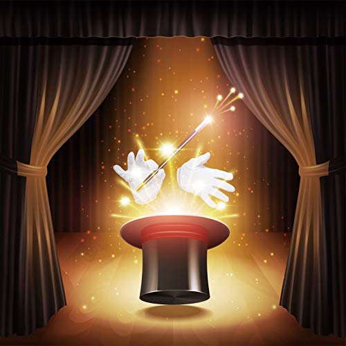 Baocicco 8x8ft Magic Show Backdrop - Shiny Stage Light Curtain with Black Magic Hat & Wand Design - Photography Background for Birthday Parties, Studio Shoots & Themed Events