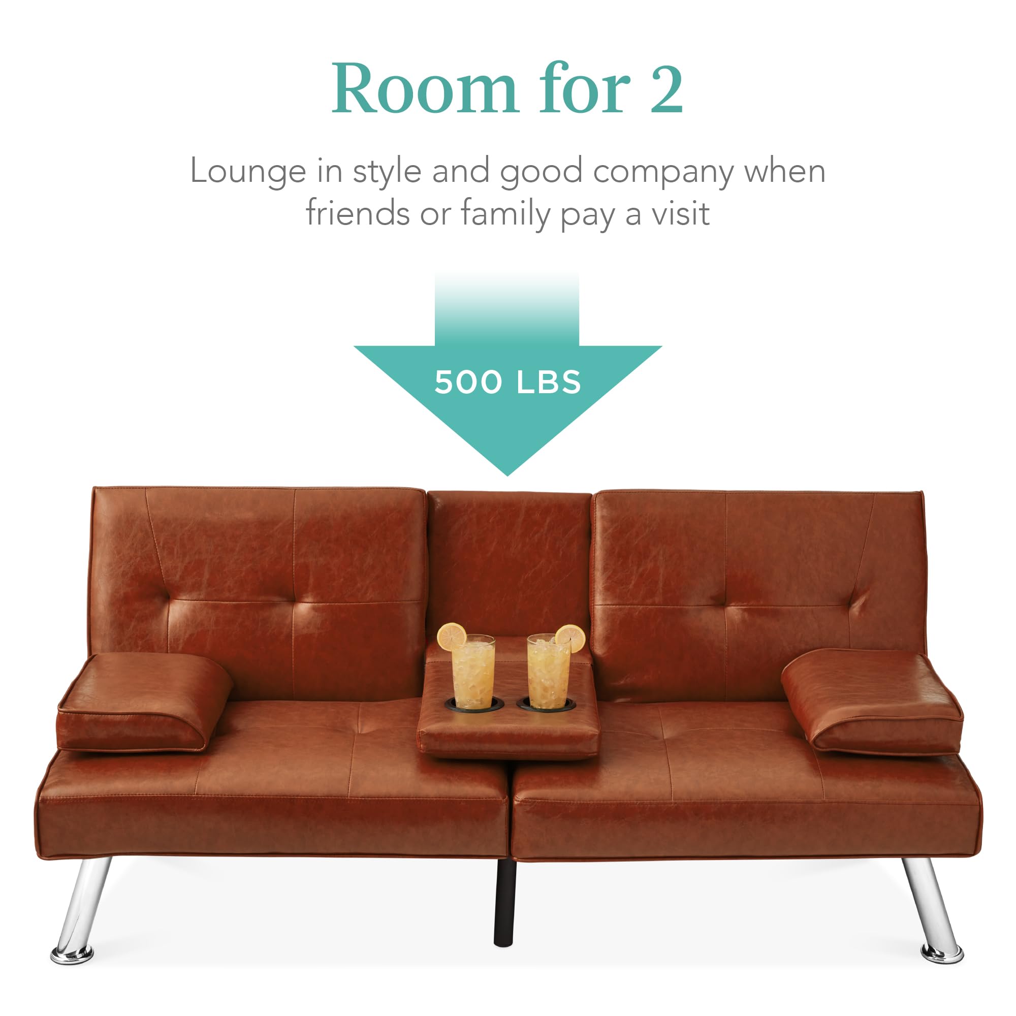 Best Choice Products Modern Convertible Futon Sofa Bed - Faux Leather Upholstery, Adjustable Folding Design with Removable Armrests - Medium Brown - Perfect for Small Spaces, Guest Rooms & Home Offices