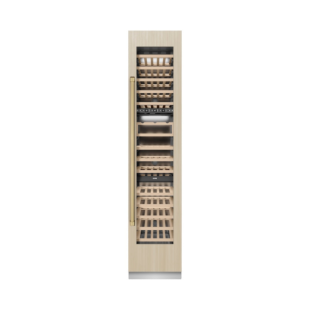 ZLINE Autograph Edition 18-Inch 9.0 cu. ft. Triple Zone 68-Bottle Panel Ready Right Hinge Column Wine Cooler with Champagne Bronze Accents - Perfect for Wine Cellars, Home Bars, and Entertaining Spaces (RBCWVRZ 18 CB)
